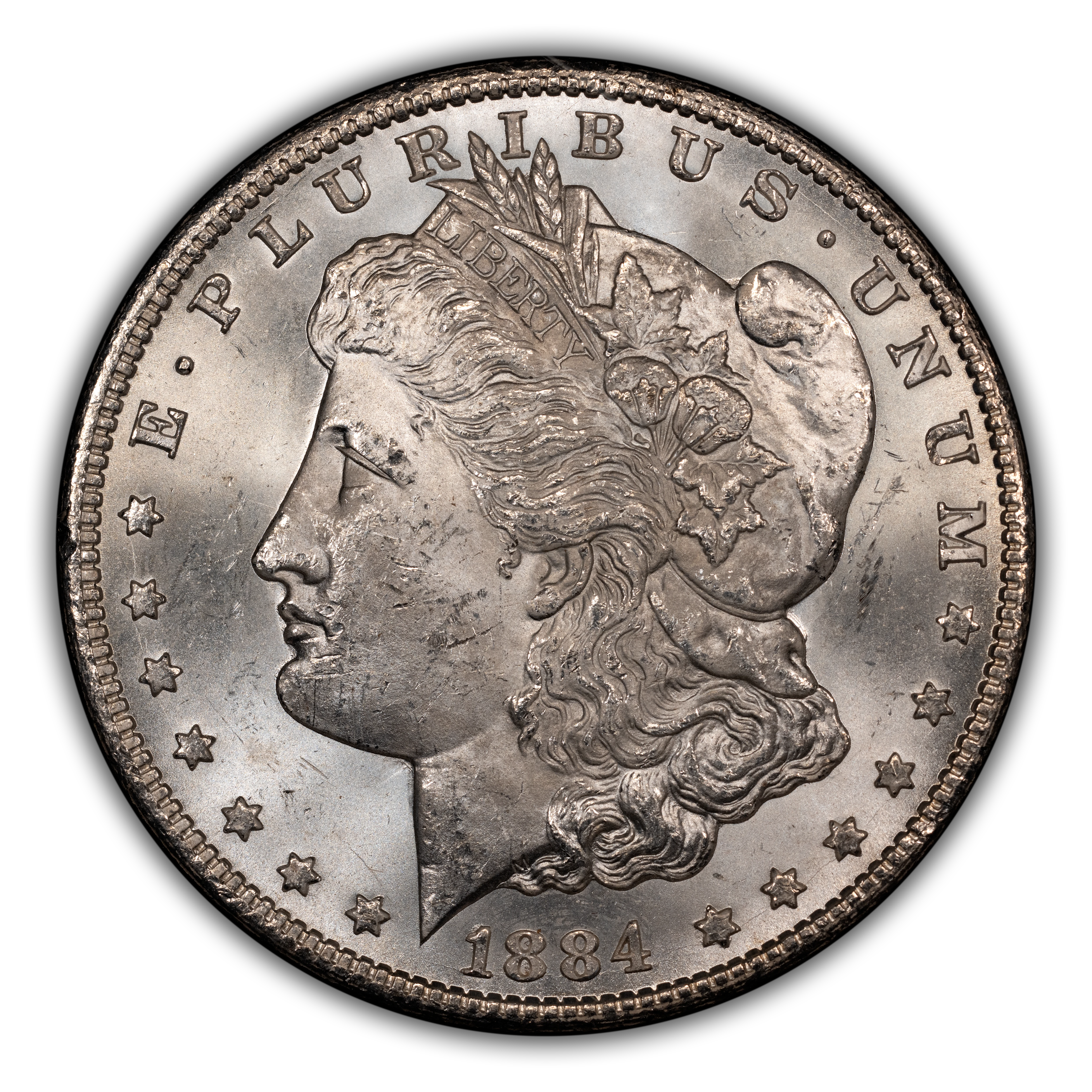 1884-CC $1 GSA Hoard, Die Break Left Wreath Top, VAM-3A MS