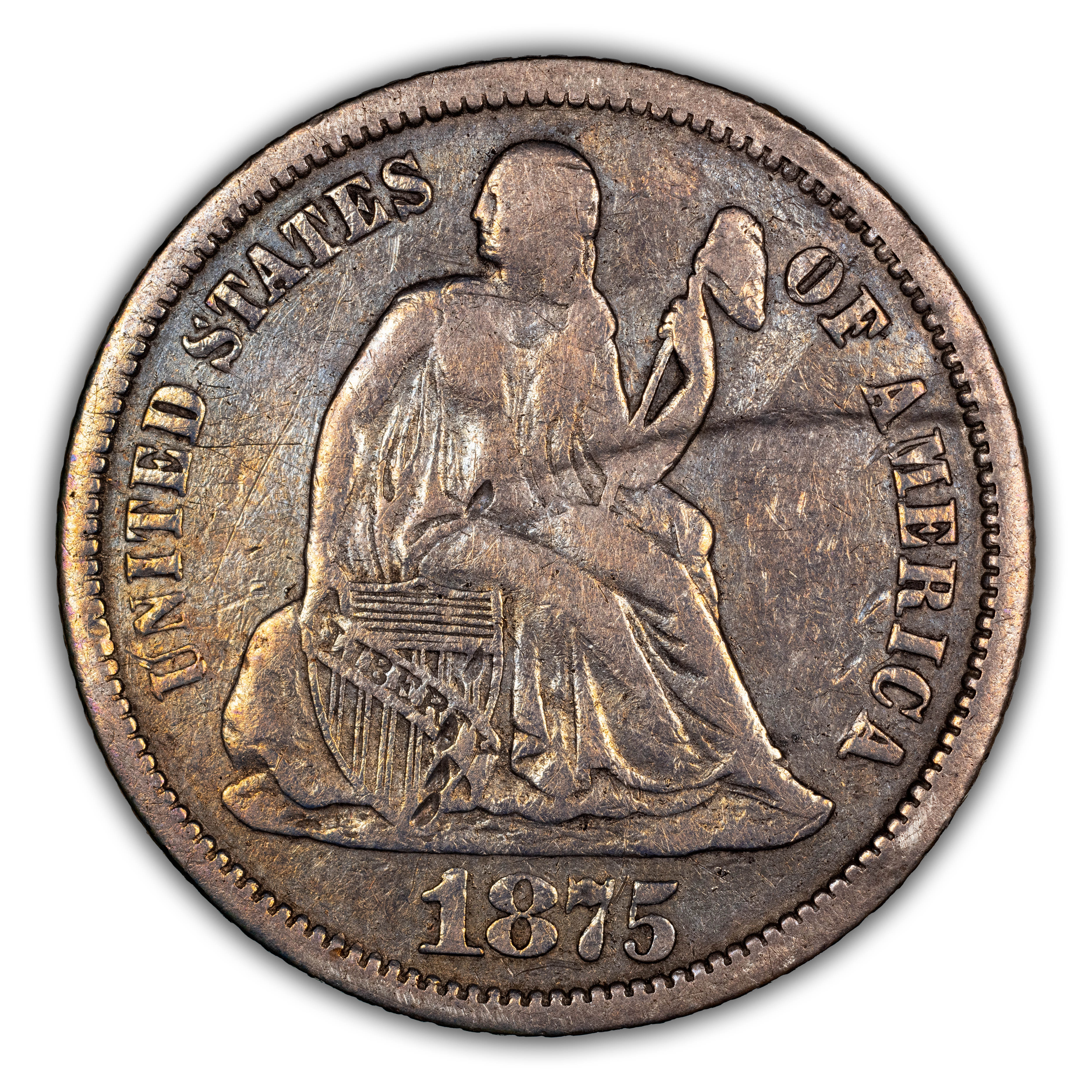 1875-CC 10c Mintmark Below Bow MS