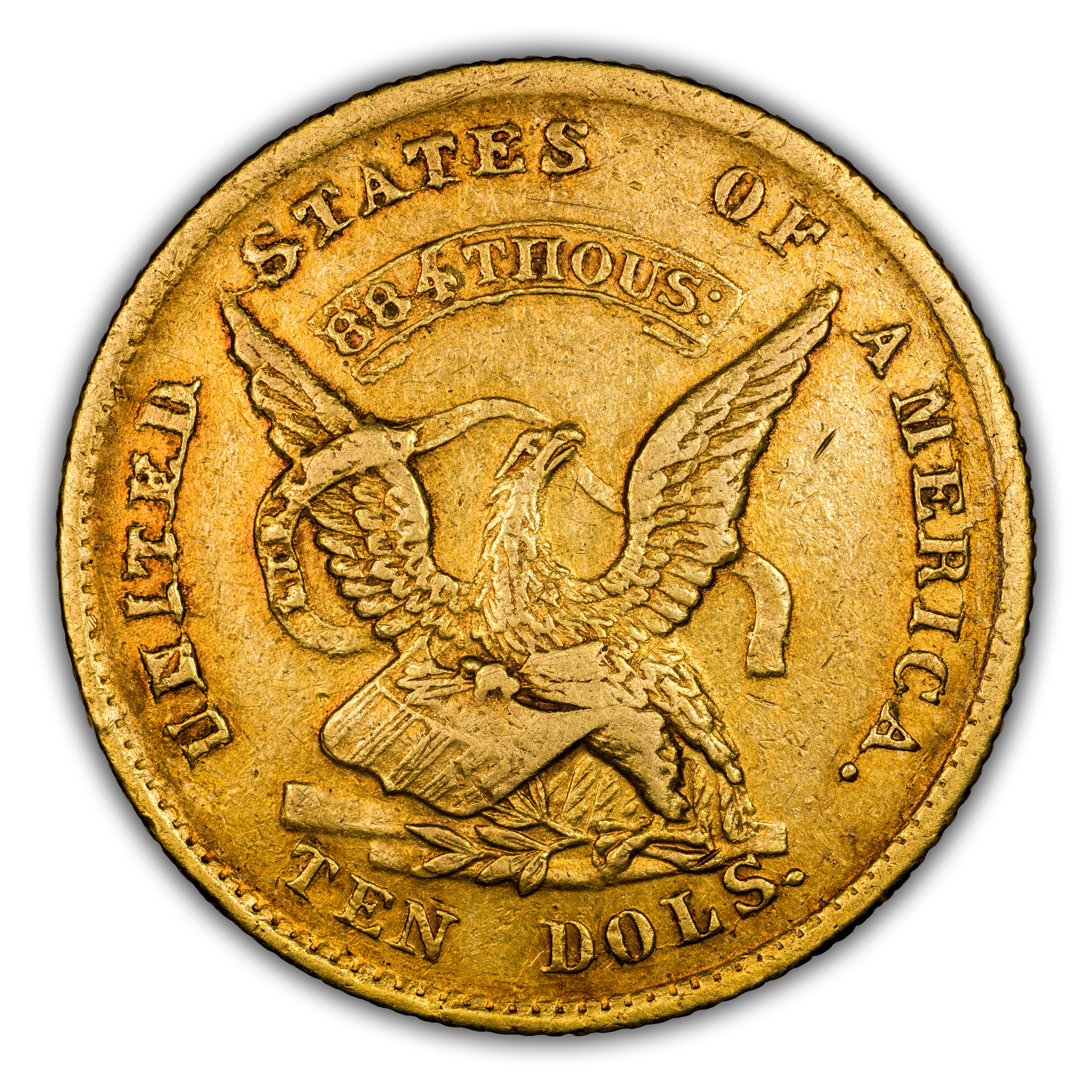 1852 G$10 Augustus Humbert, Late Die State, K-10a MS