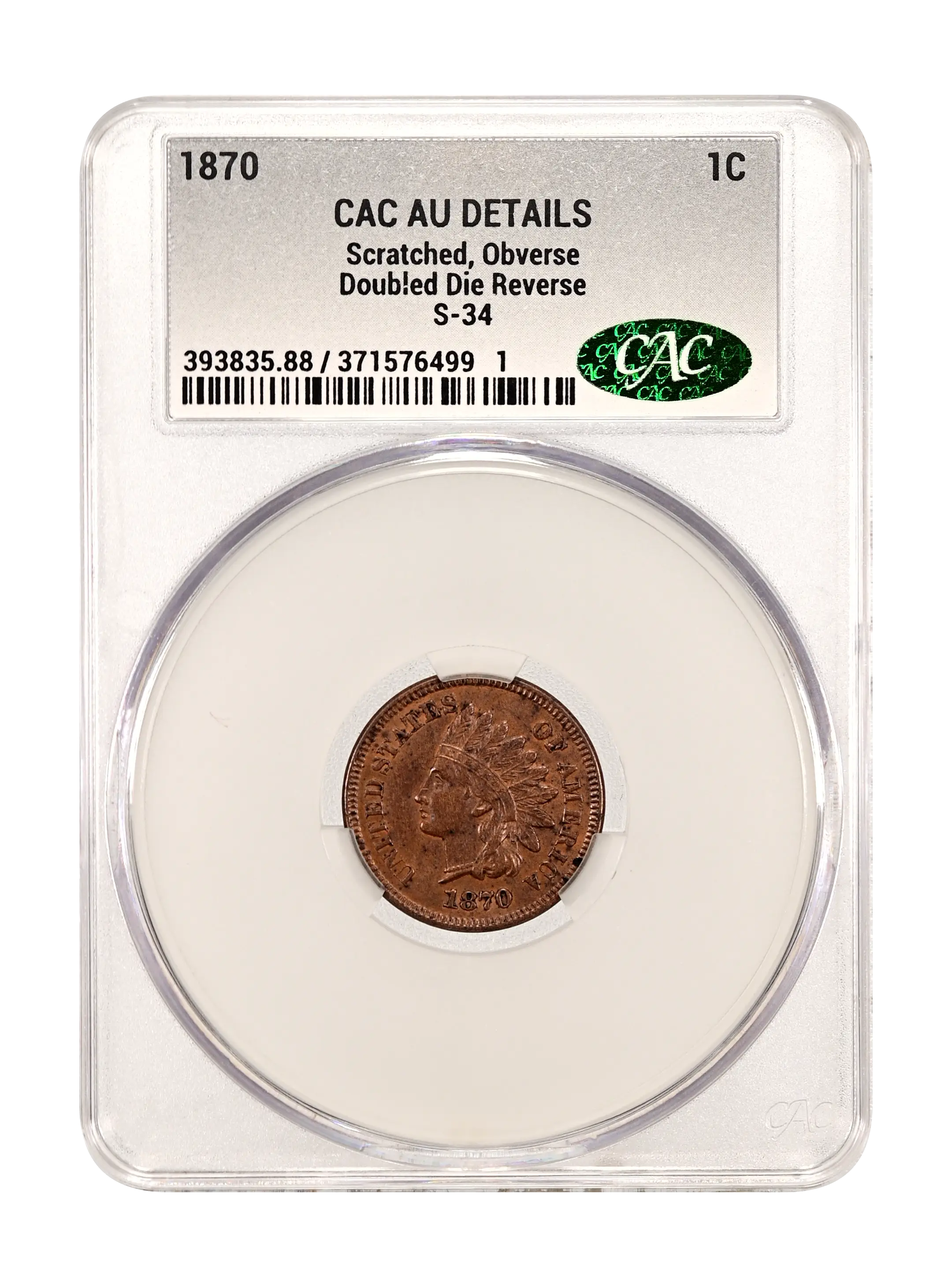1870 1c Doubled Die Reverse, S-34 MS BN
