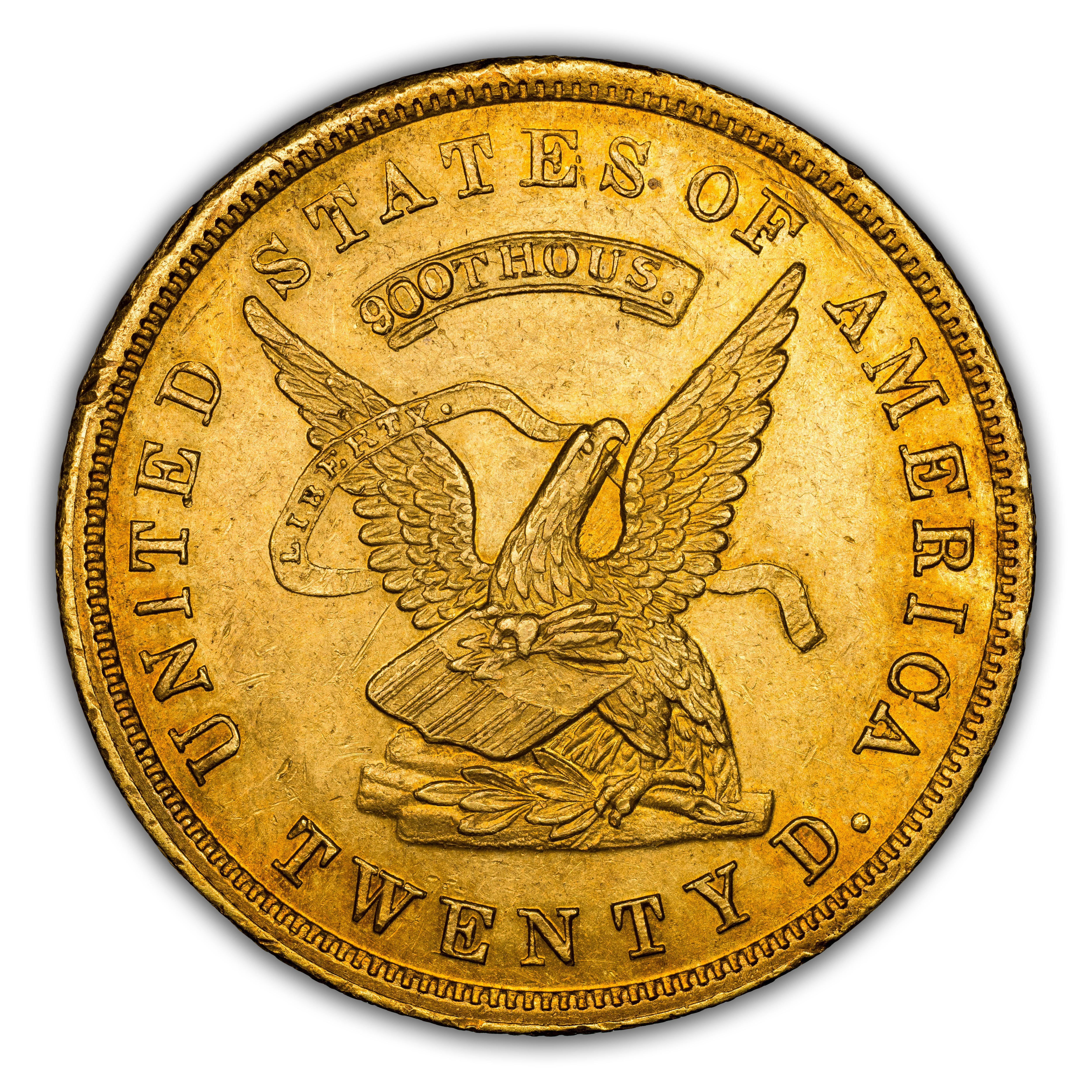 1853 G$20 U.S. Assay Office, TWENTY D., 900 THOUS, K-18 MS