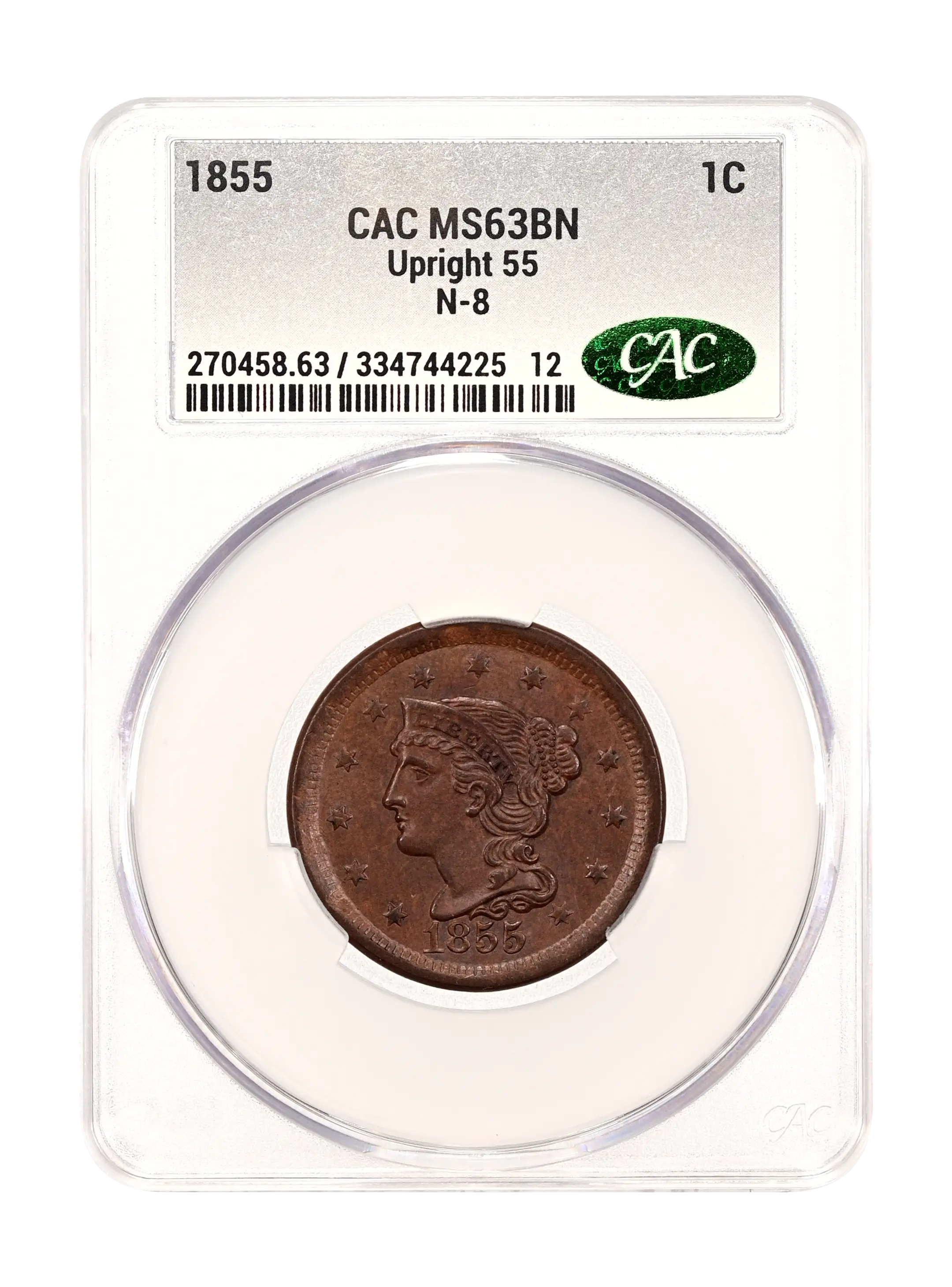 1855 1c Upright 55, N-8 MS BN