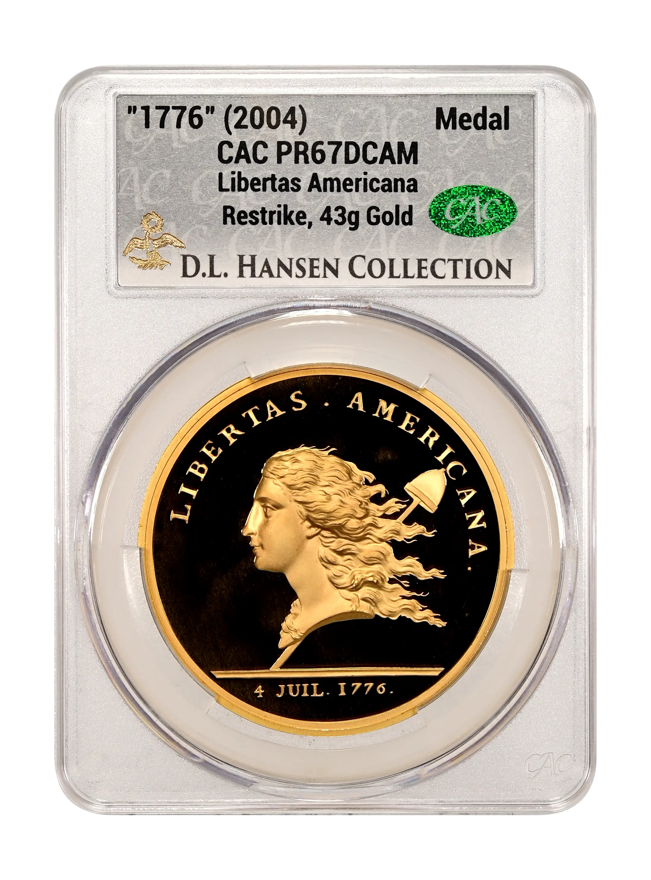 "1776" (2004) Libertas Americana Medal Gold, Restike, 43g Gold PR DCAM