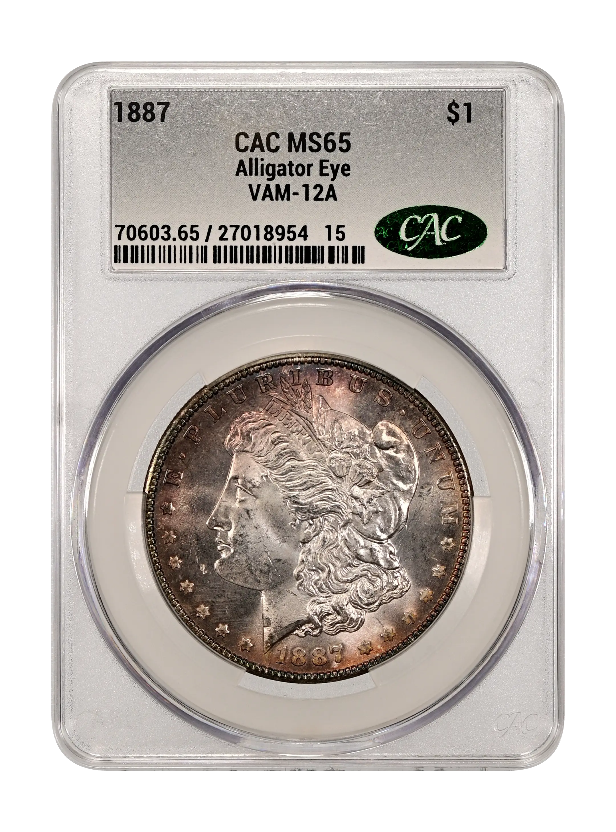1887 Alligator Eye, Clashed Dies One Dollar VAM 12A MS Values