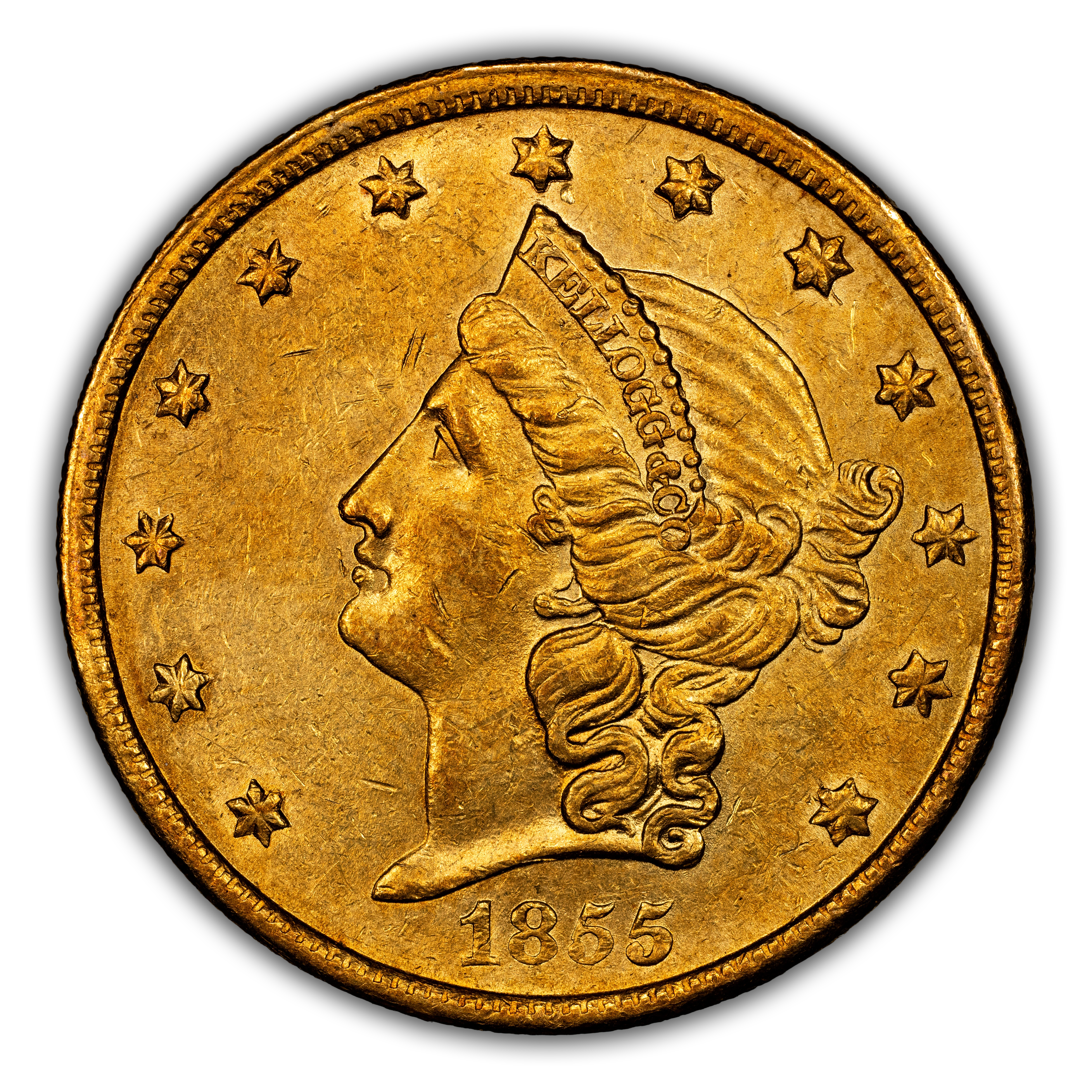1855 G$20 Kellogg & Co., Short Arrows, K-3b MS