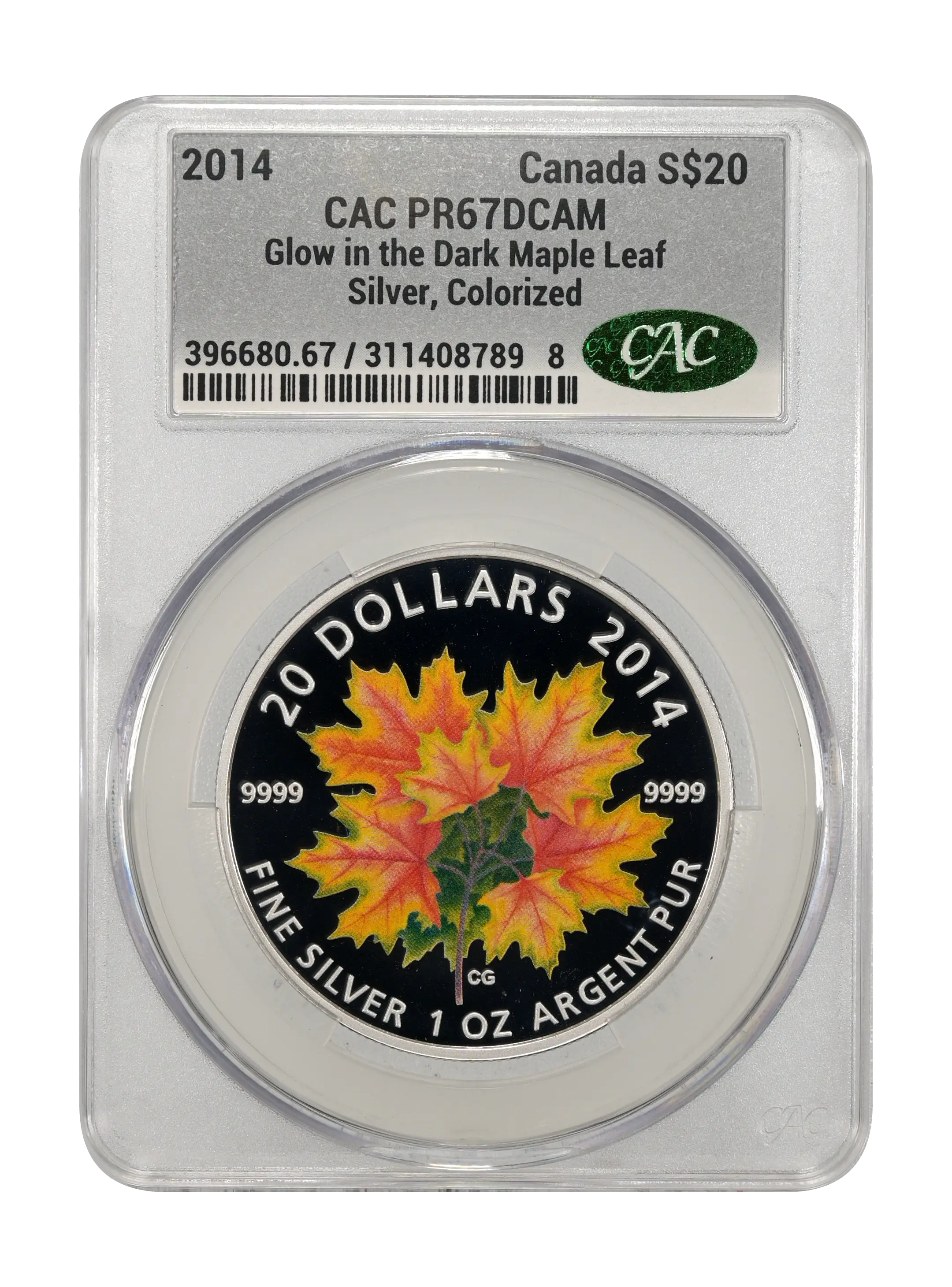 2014 S$20 1oz Silver, Glow in the Dark Maple Leaf, Colorized PR DCAM