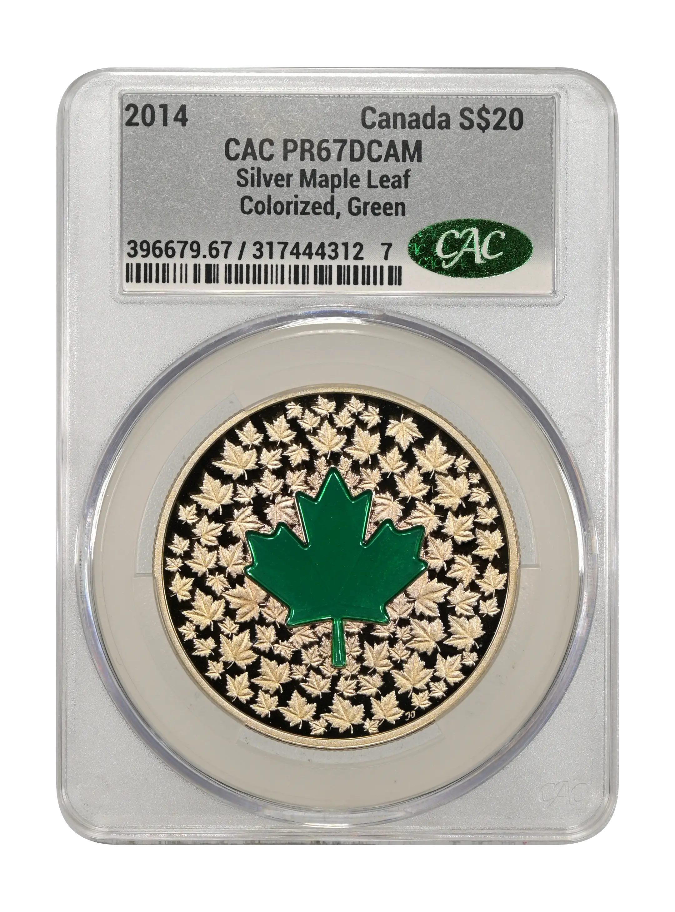 2014 S$20 1oz Silver, Green Maple Leaf, Colorized PR DCAM