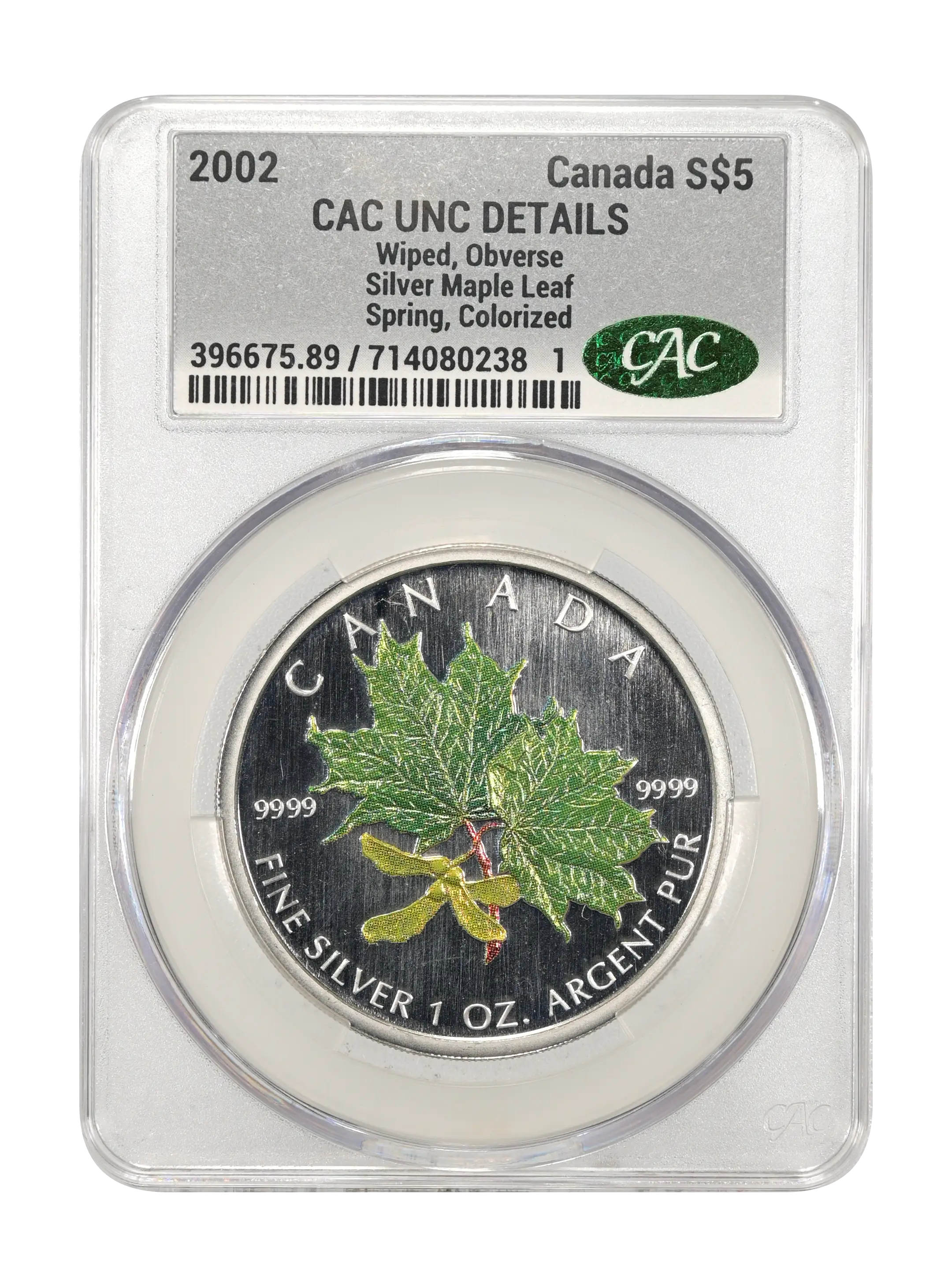 2002 S$5 1oz Silver, Maple Leaf, Spring, Colorized MS