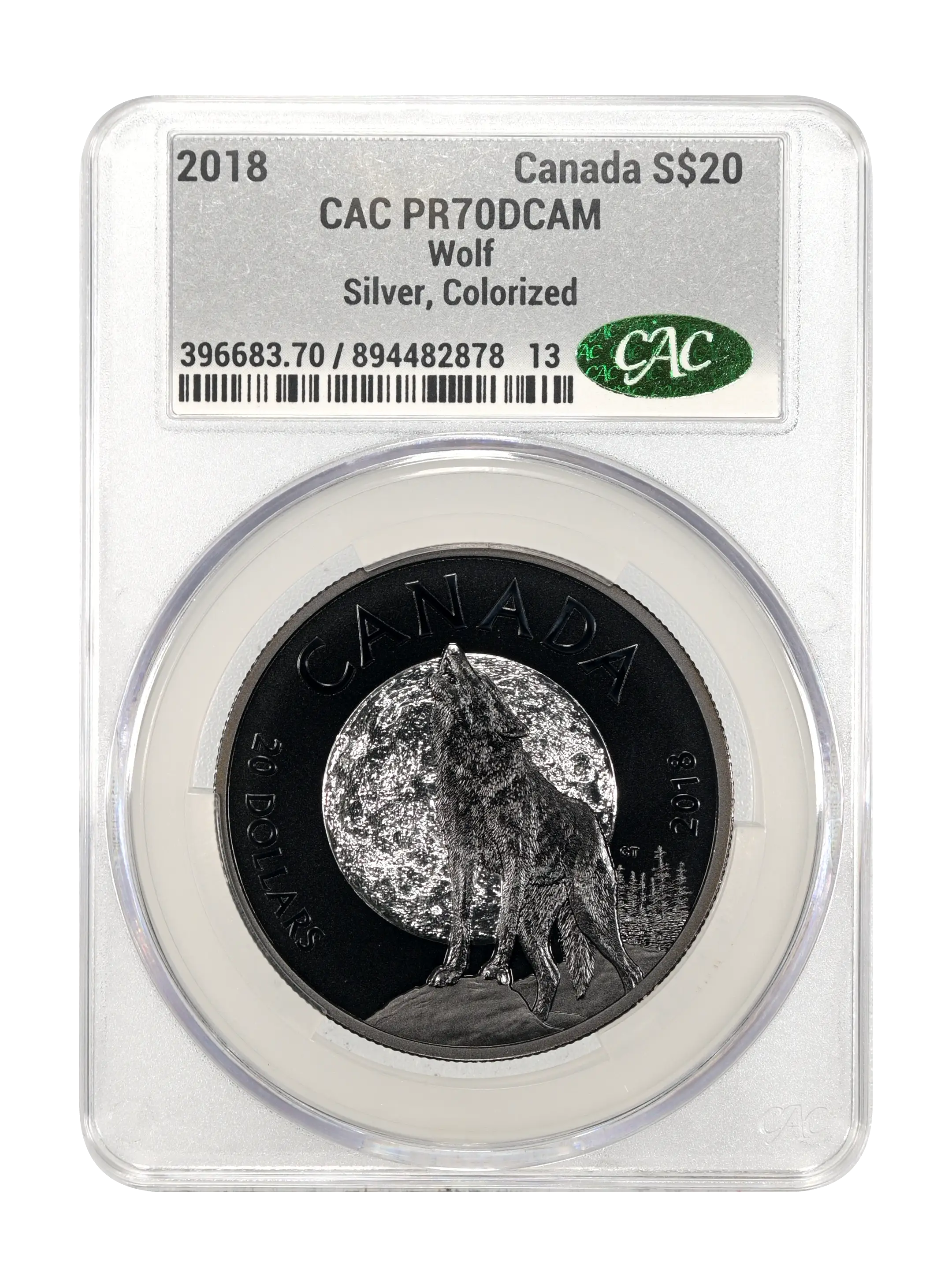 2018 S$20 1oz Silver, Wolf, Colorized PR DCAM