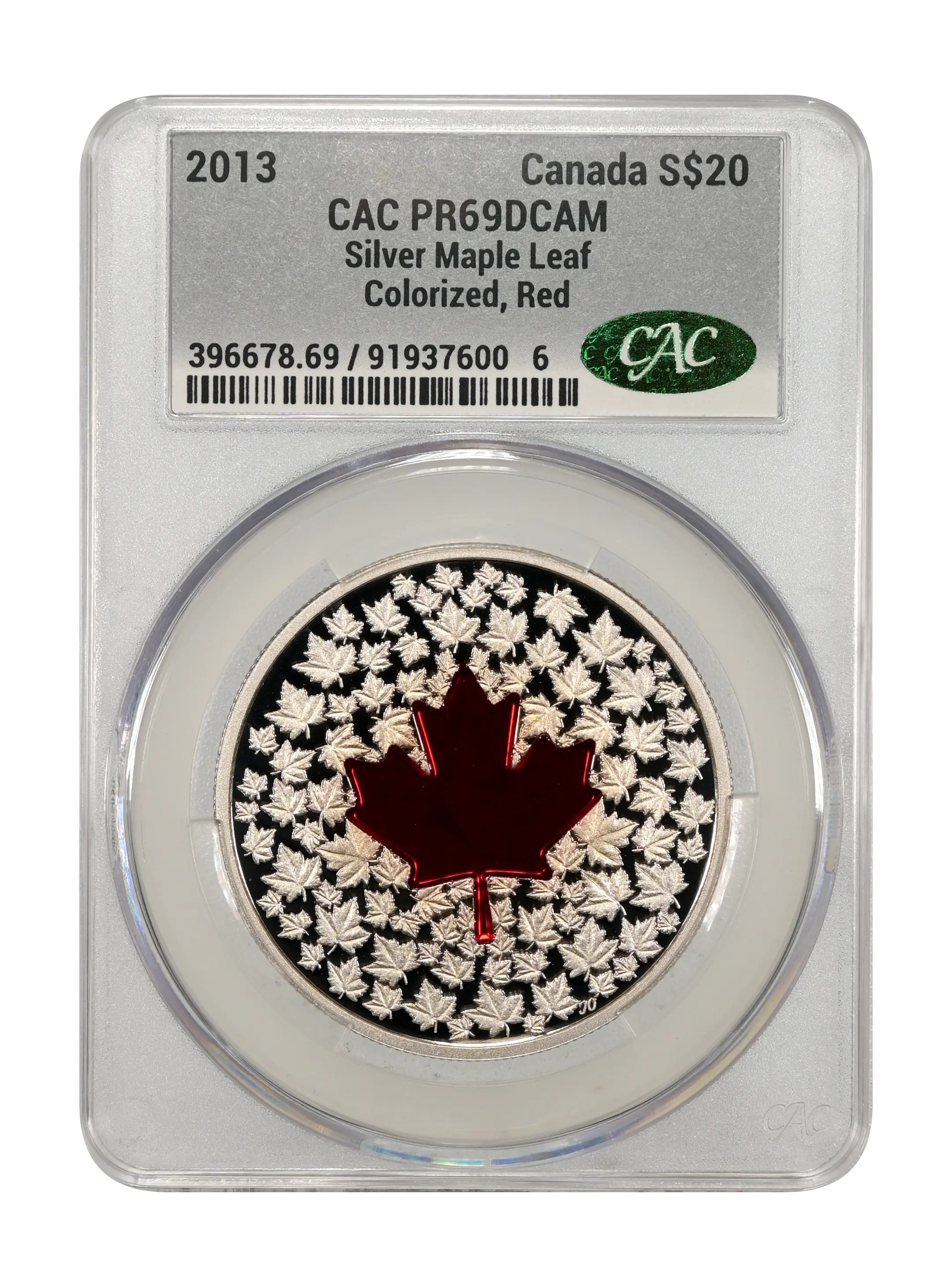 2013 S$20 1oz Silver, Red Maple Leaf, Colorized PR DCAM