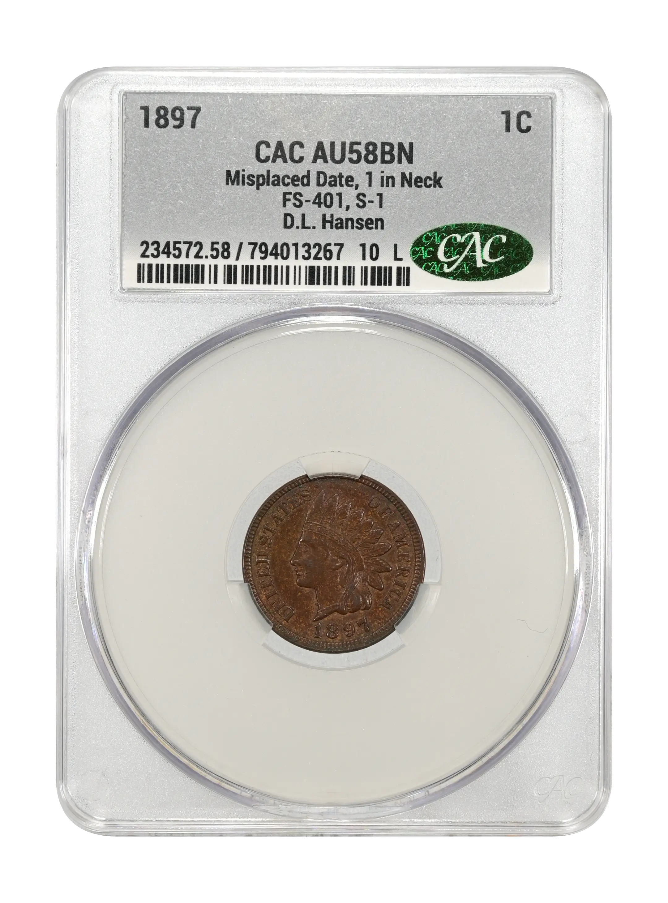 1897 1c Misplaced Date, 1 in Neck, FS-401, S-1 MS BN thumbnail 6