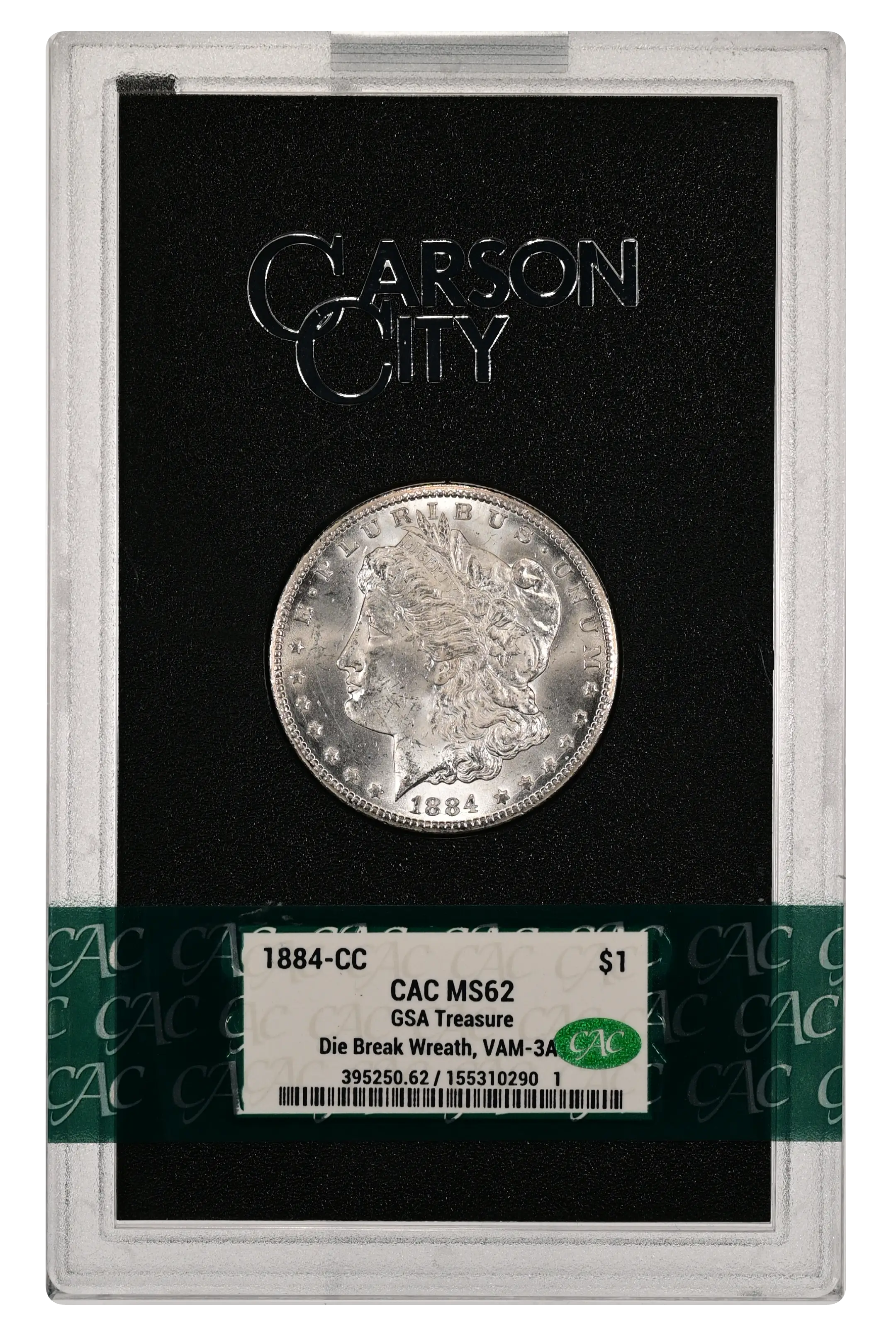 1884-CC $1  GSA Hoard, Die Break Left Wreath Top, VAM-3A MS thumbnail 7