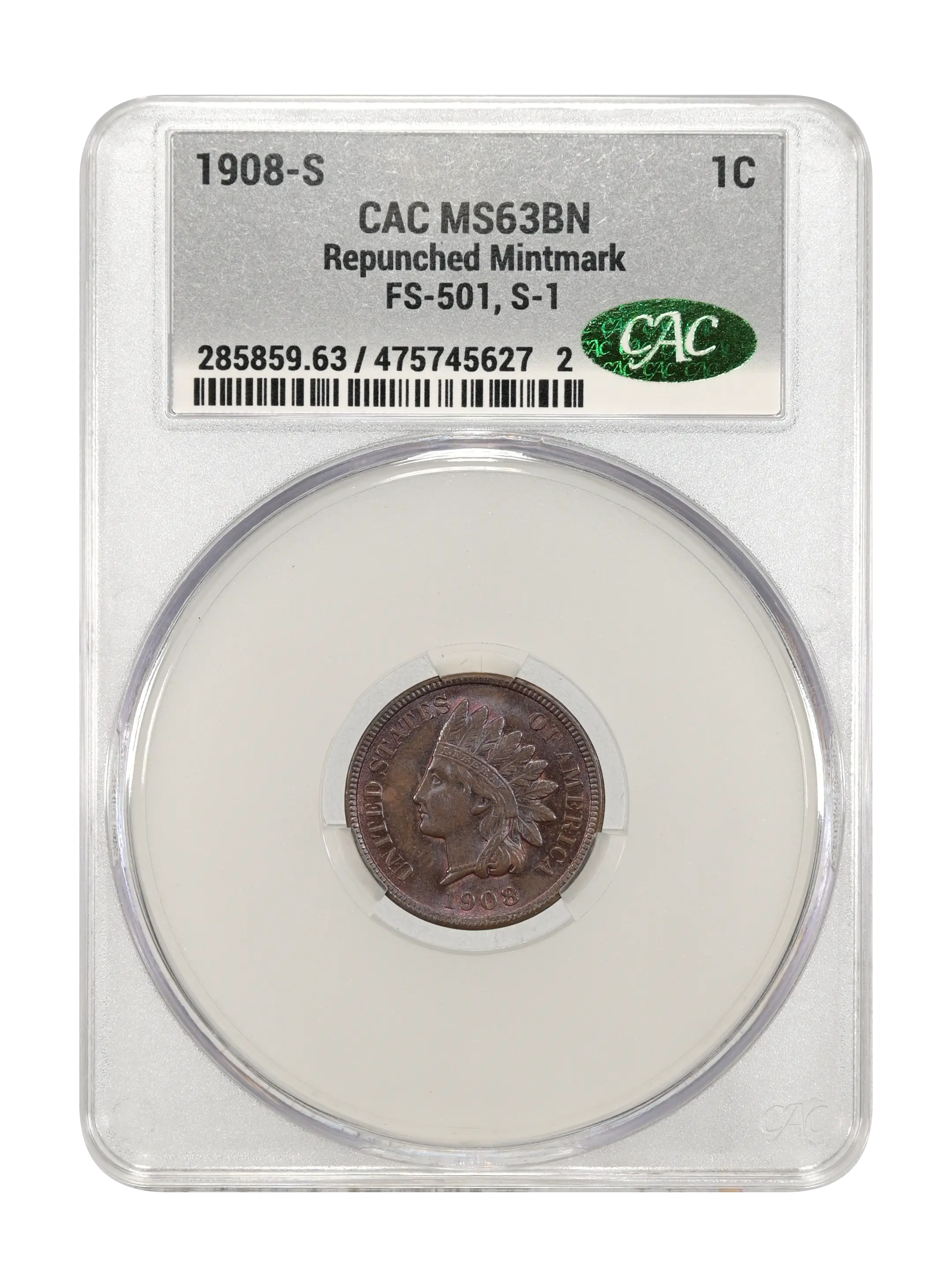 1908-S 1c Repunched Mintmark, FS-501, S-1 MS BN thumbnail 3