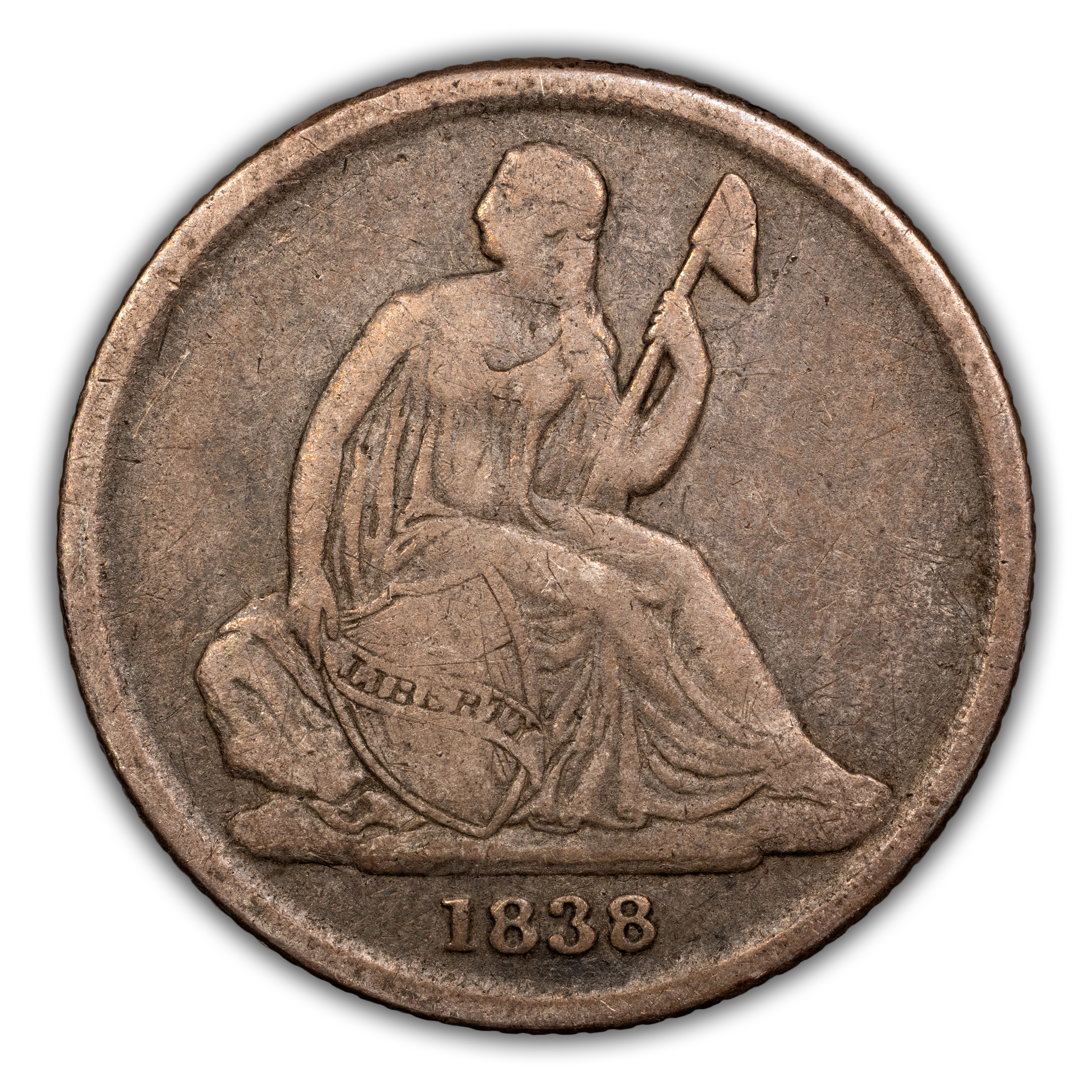 1838-O 10c No Stars, Huge O, F-102 MS
