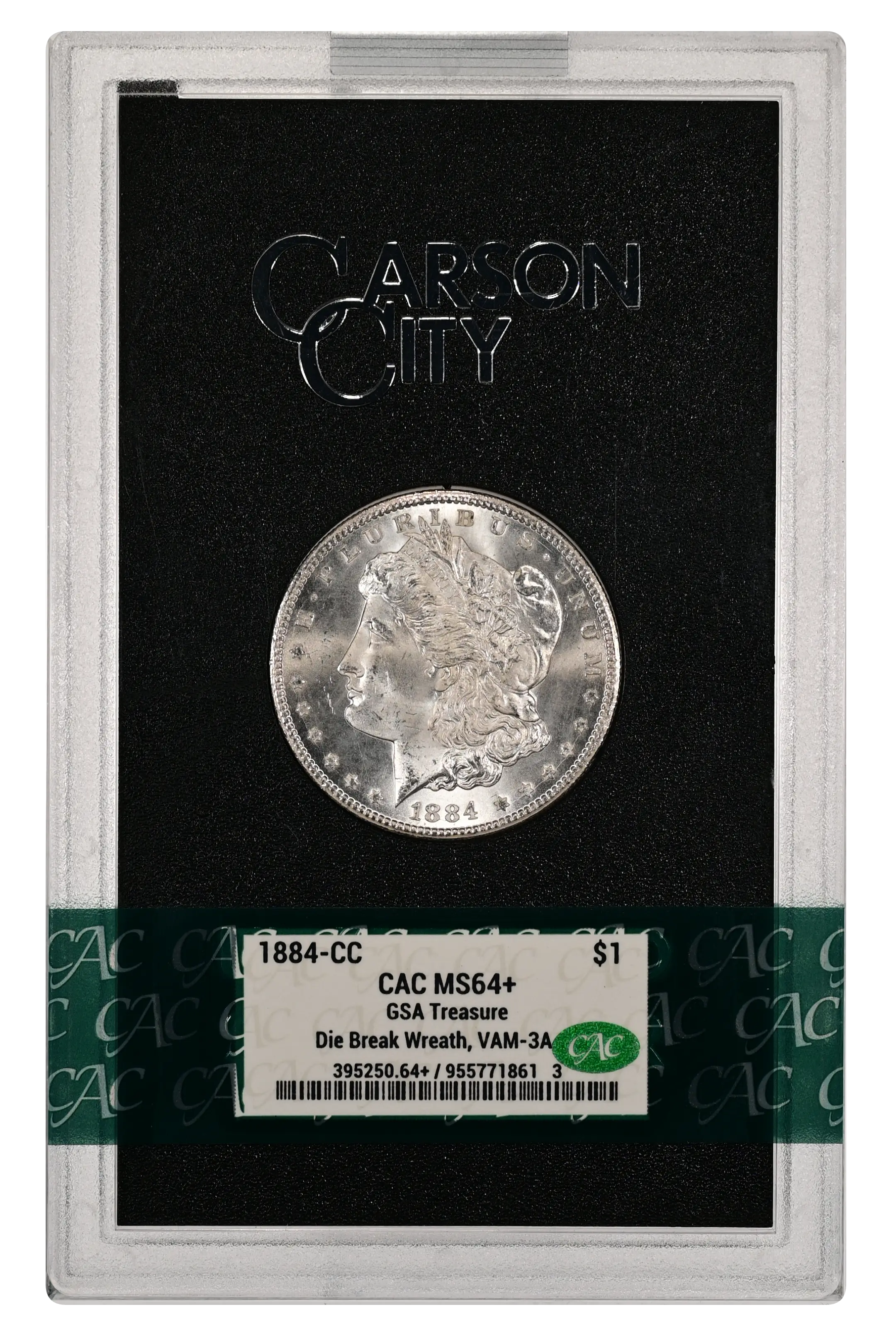 1884-CC $1  GSA Hoard, Die Break Left Wreath Top, VAM-3A MS thumbnail 8