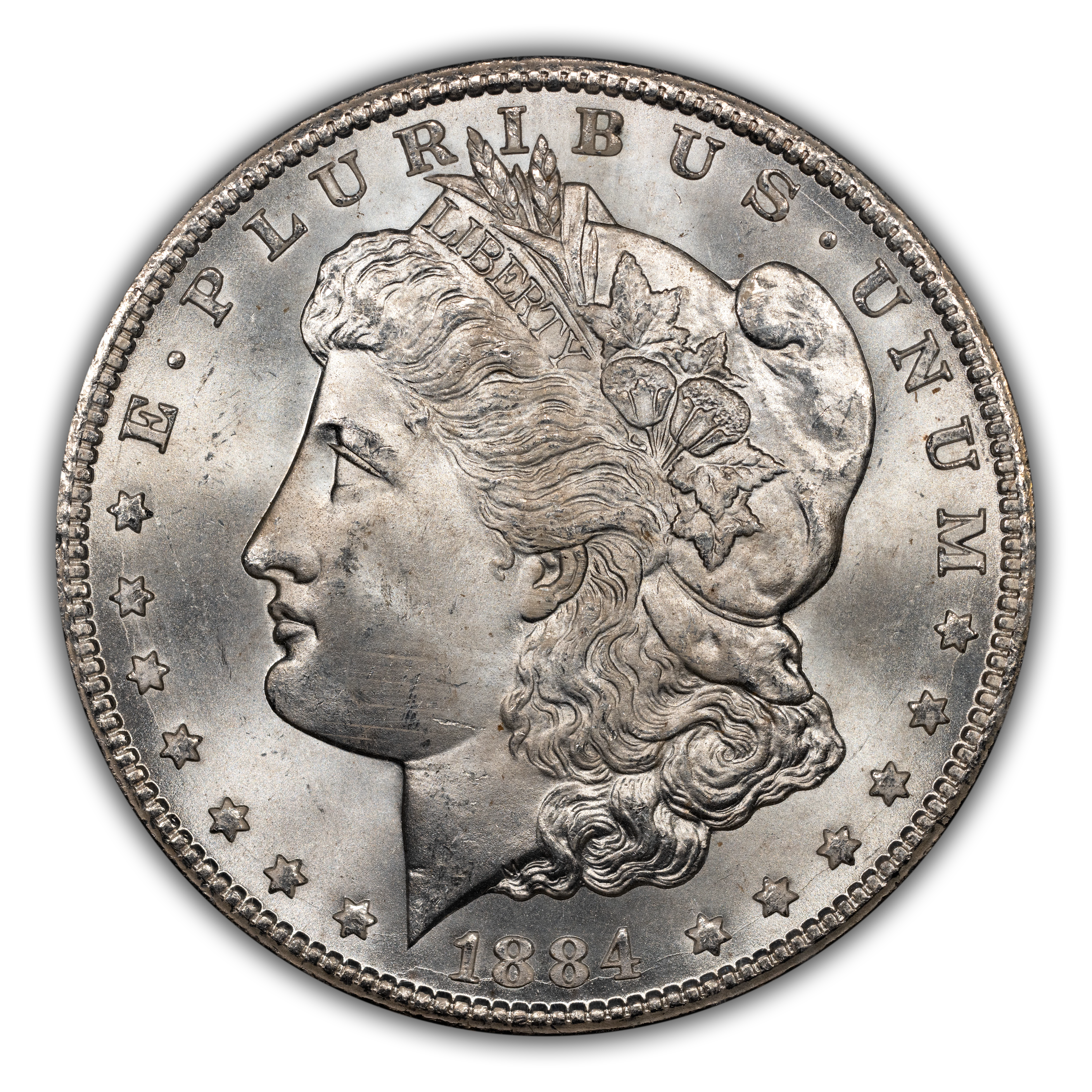 1884-CC $1 GSA Hoard, Die Break Left Wreath Top, VAM-3A MS