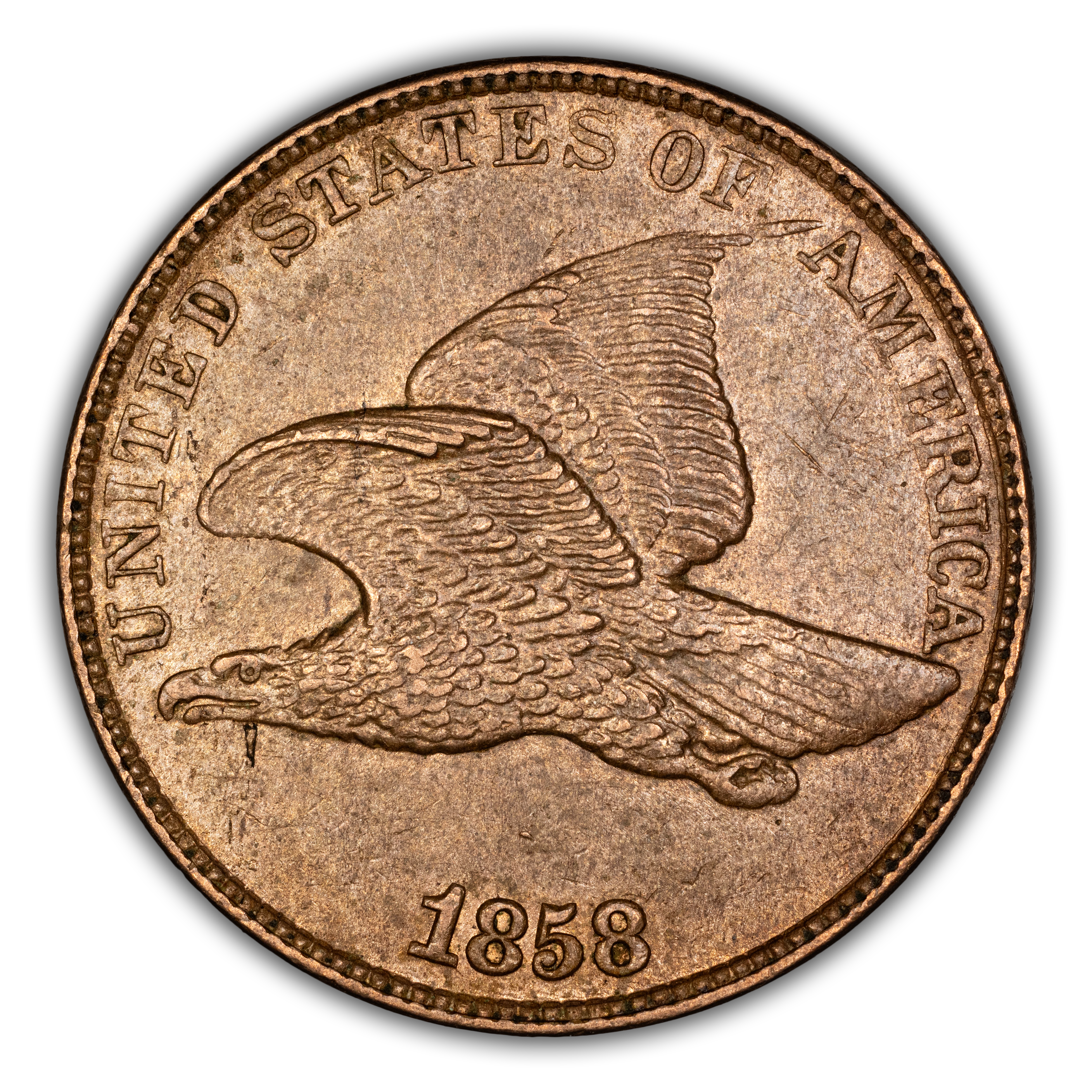 1858/7 1c Flying Eagle, LL, Strong Overdate MS