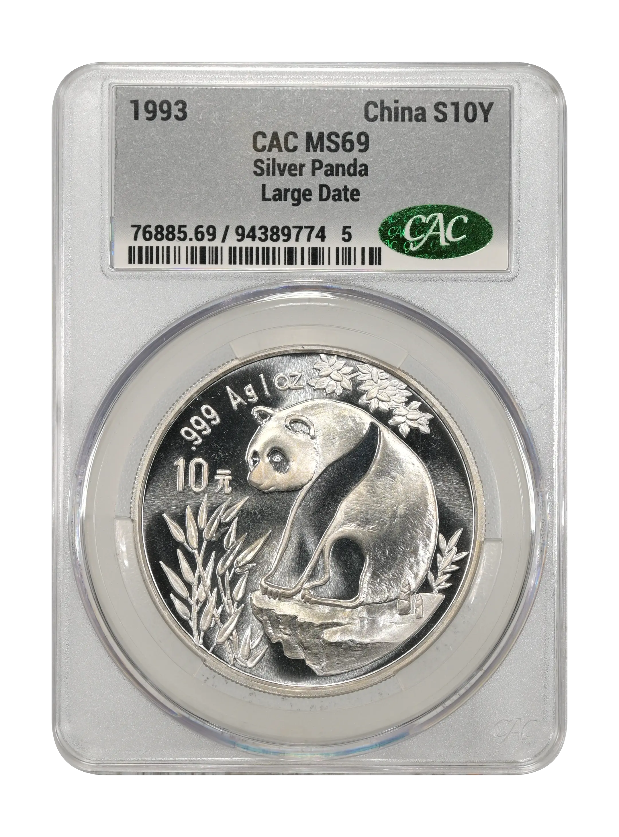 1993 S10Y 1oz Silver, Panda, Large Date MS