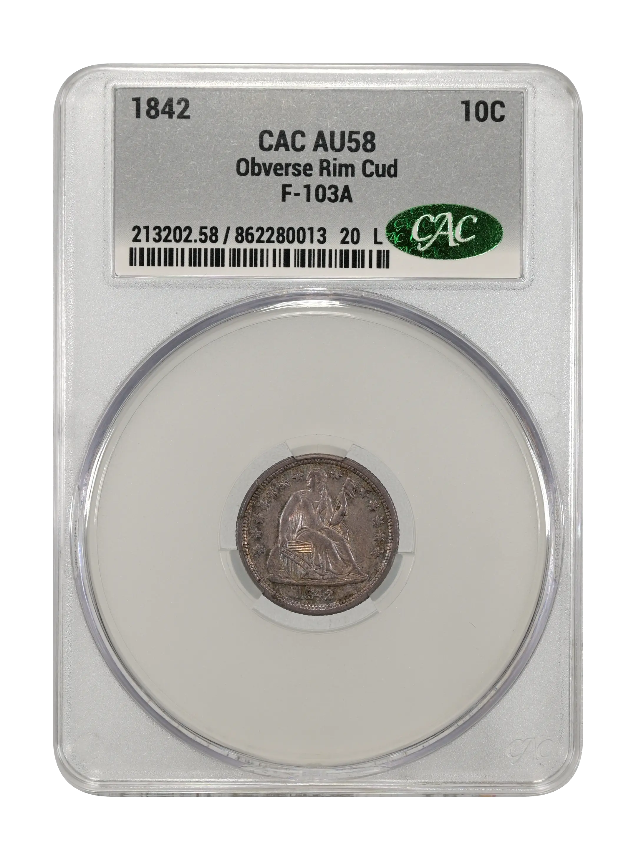 1842 10c Obverse Rim Cud, F-103A MS thumbnail 3