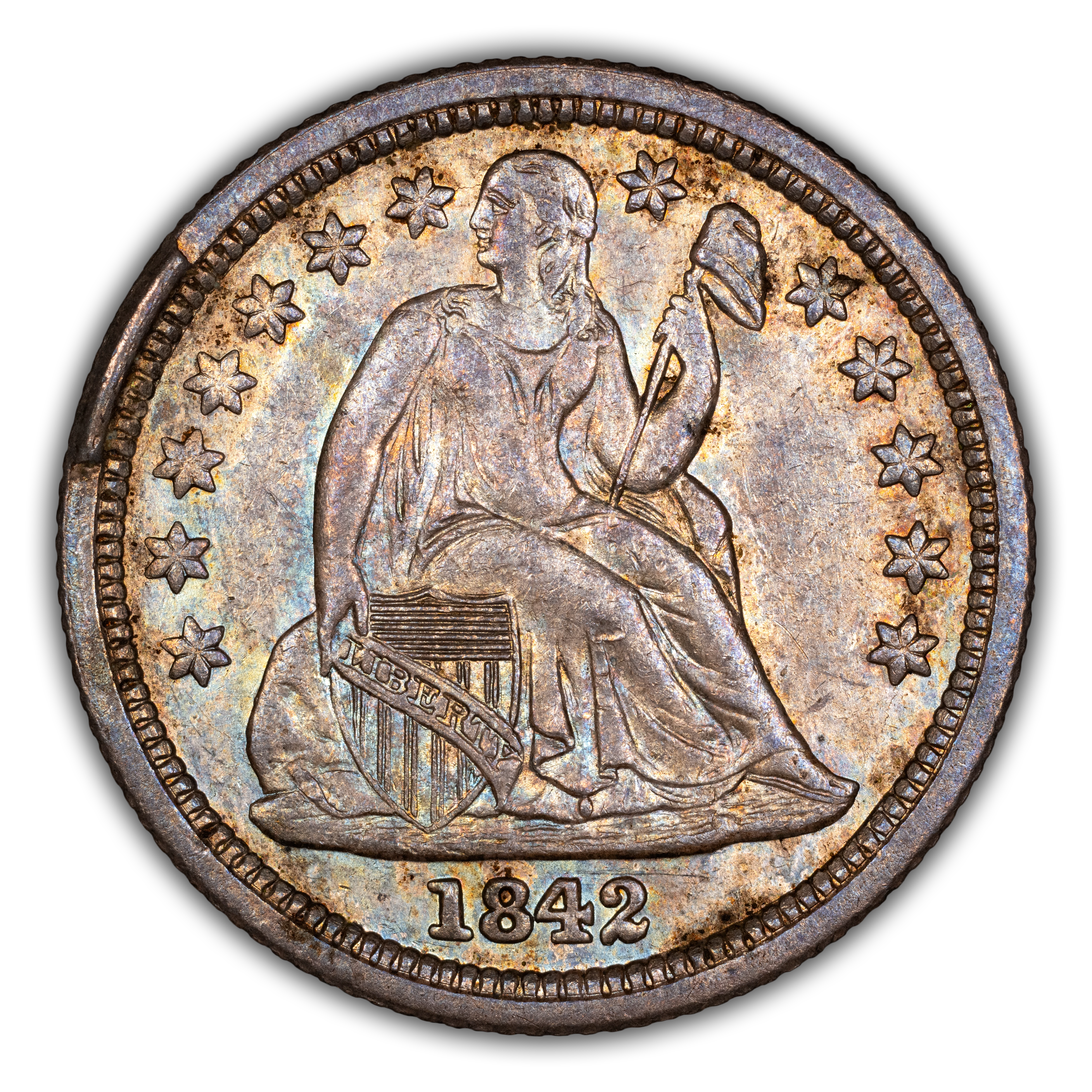 1842 10c Obverse Rim Cud, F-103A MS