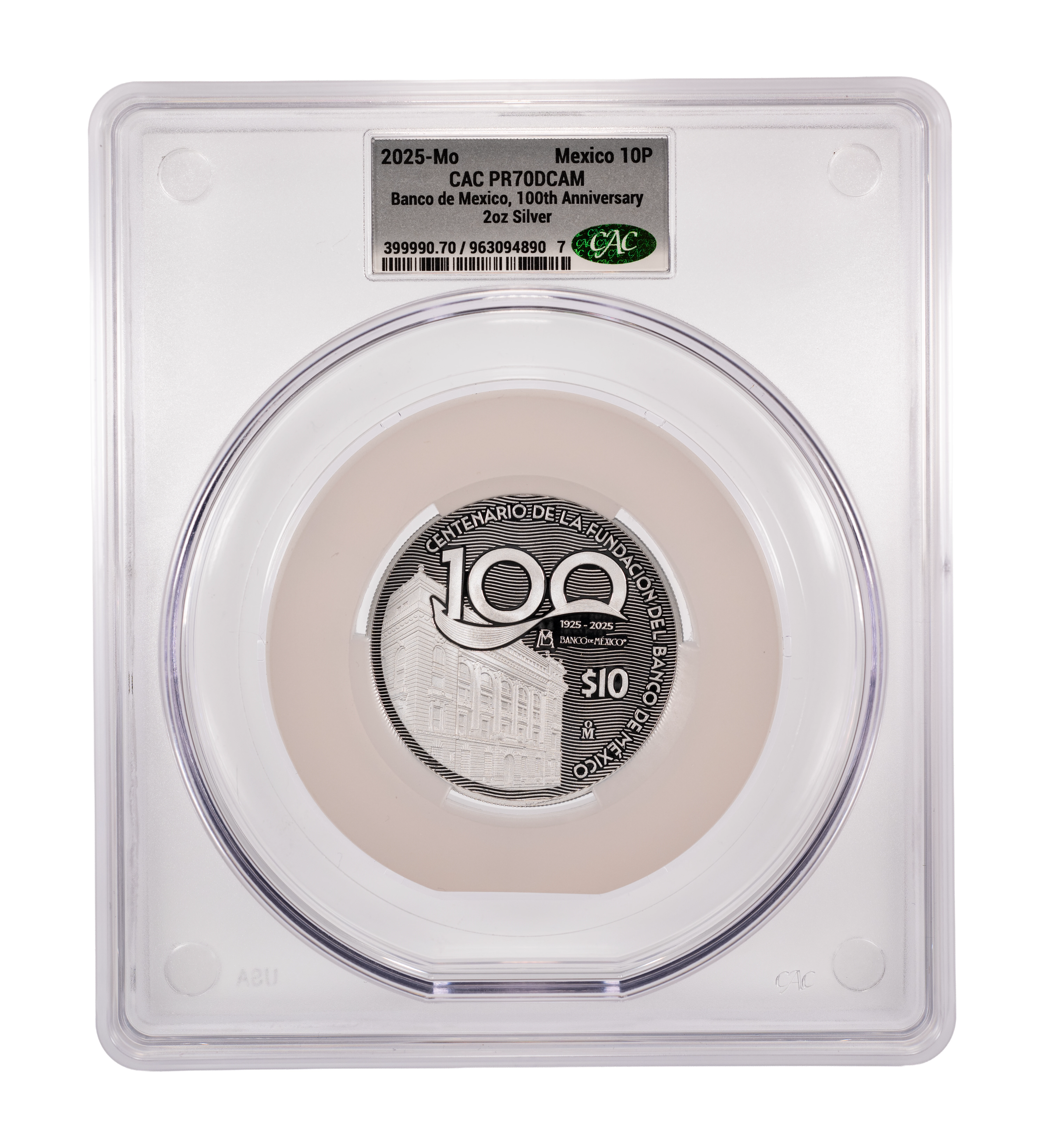 2025-Mo 10P 2oz Silver, 100th Anniv. Banco de Mexico PR DCAM