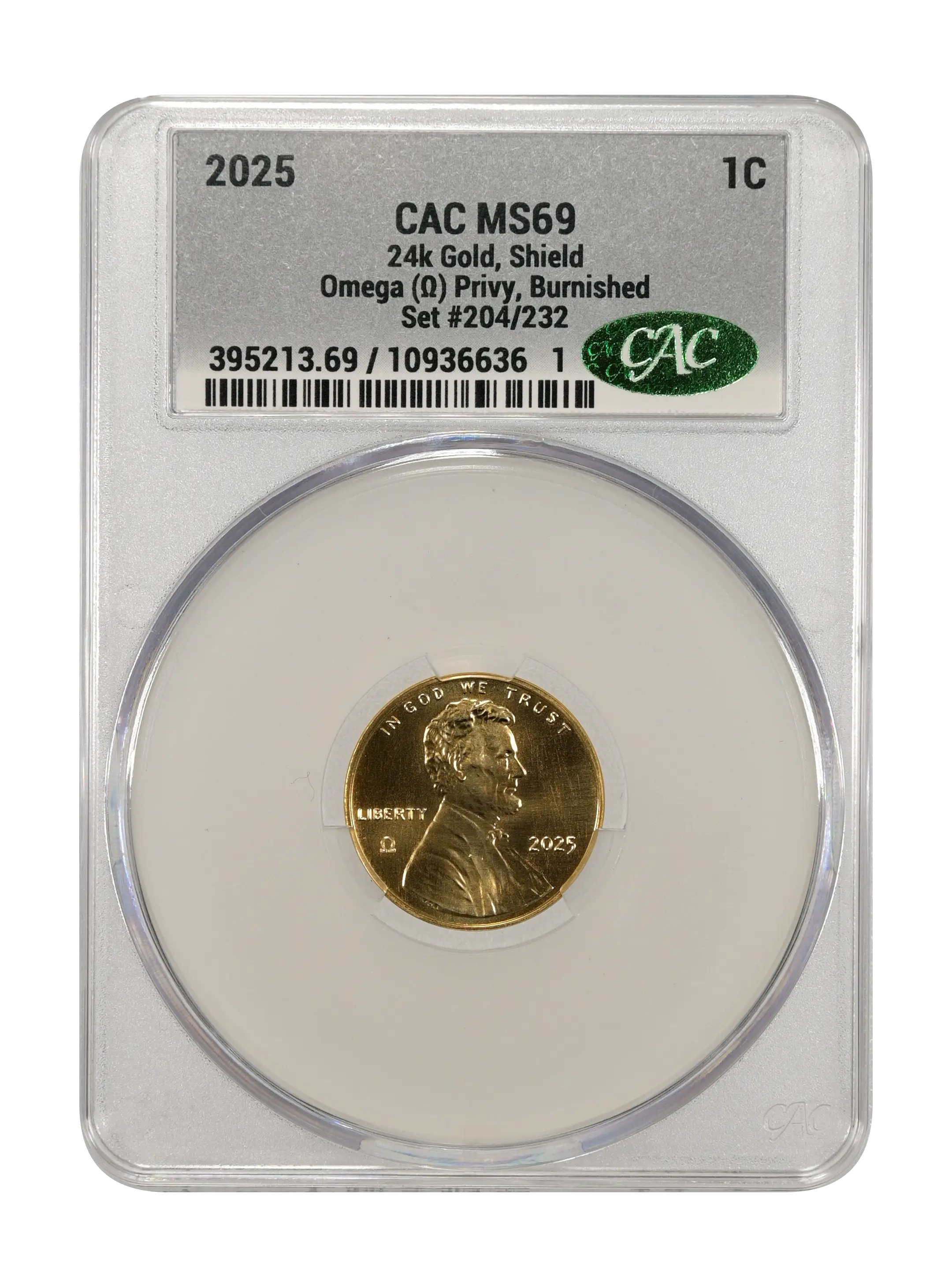 2025 1c 24k Gold, Shield, Omega (Ω) Privy, Burnished MS thumbnail 9