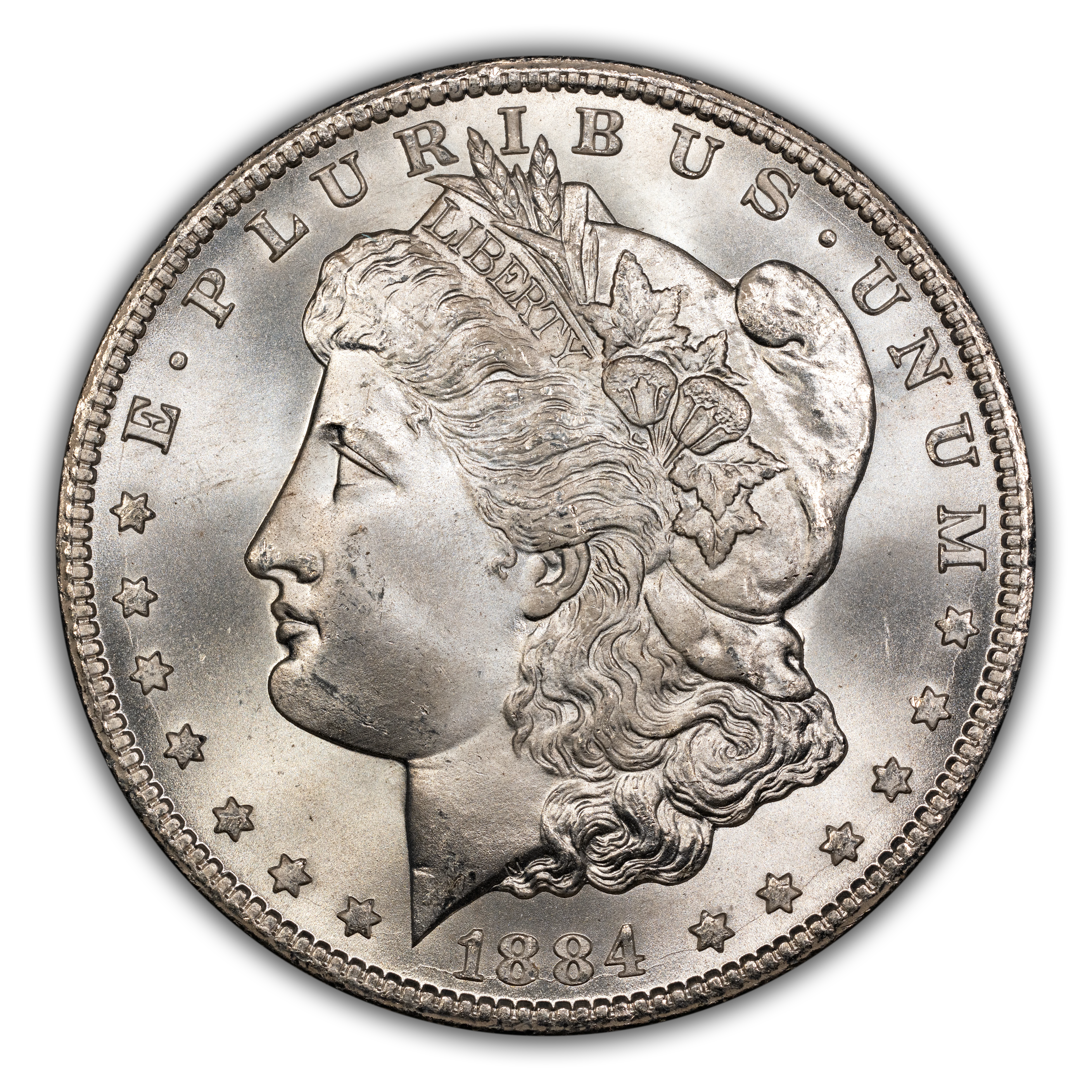 1884-CC $1 GSA Hoard, Die Break Left Wreath Top, VAM-3A MS
