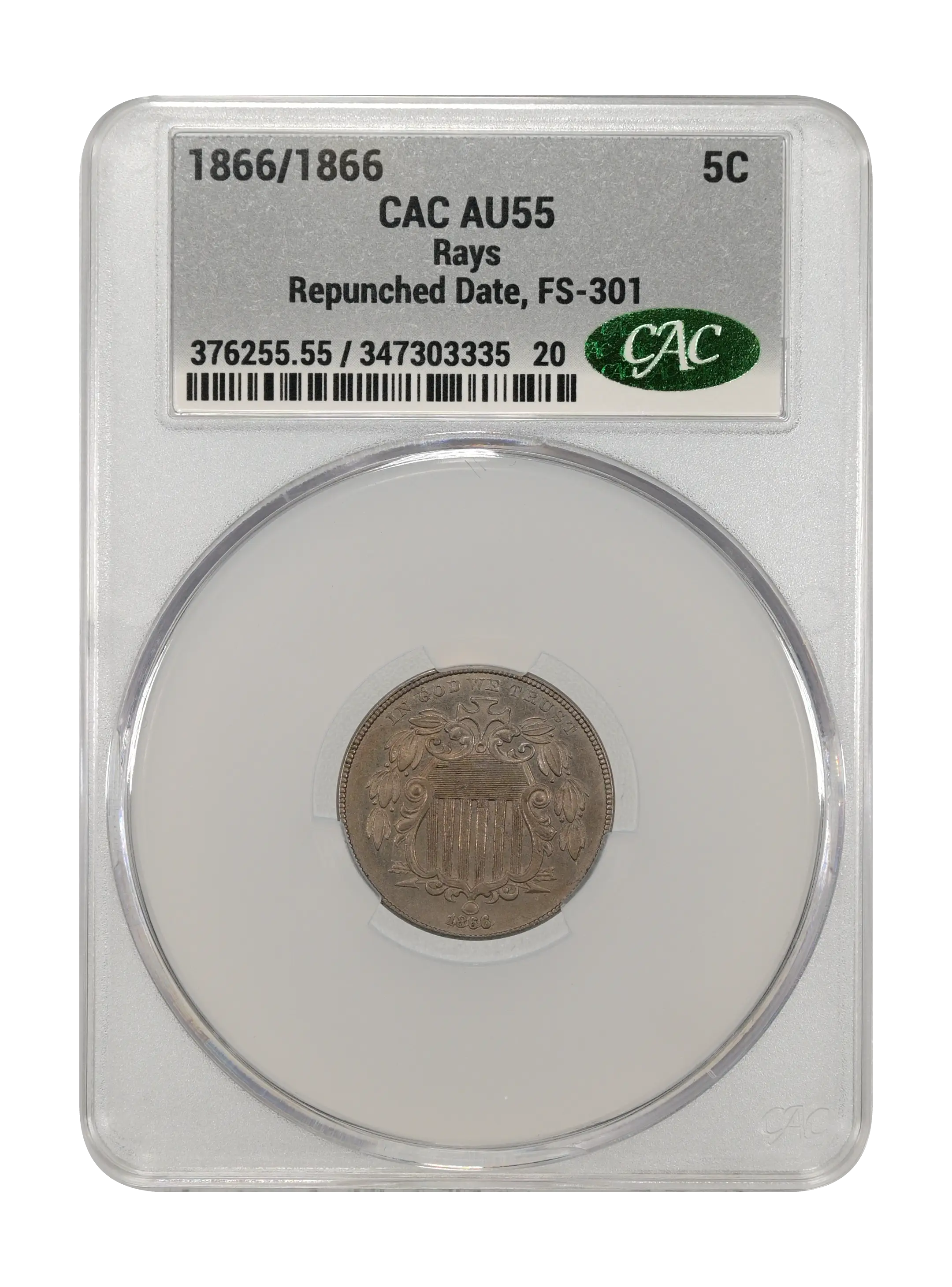1866/1866 5c Rays, Repunched Date, FS-301 MS thumbnail 5