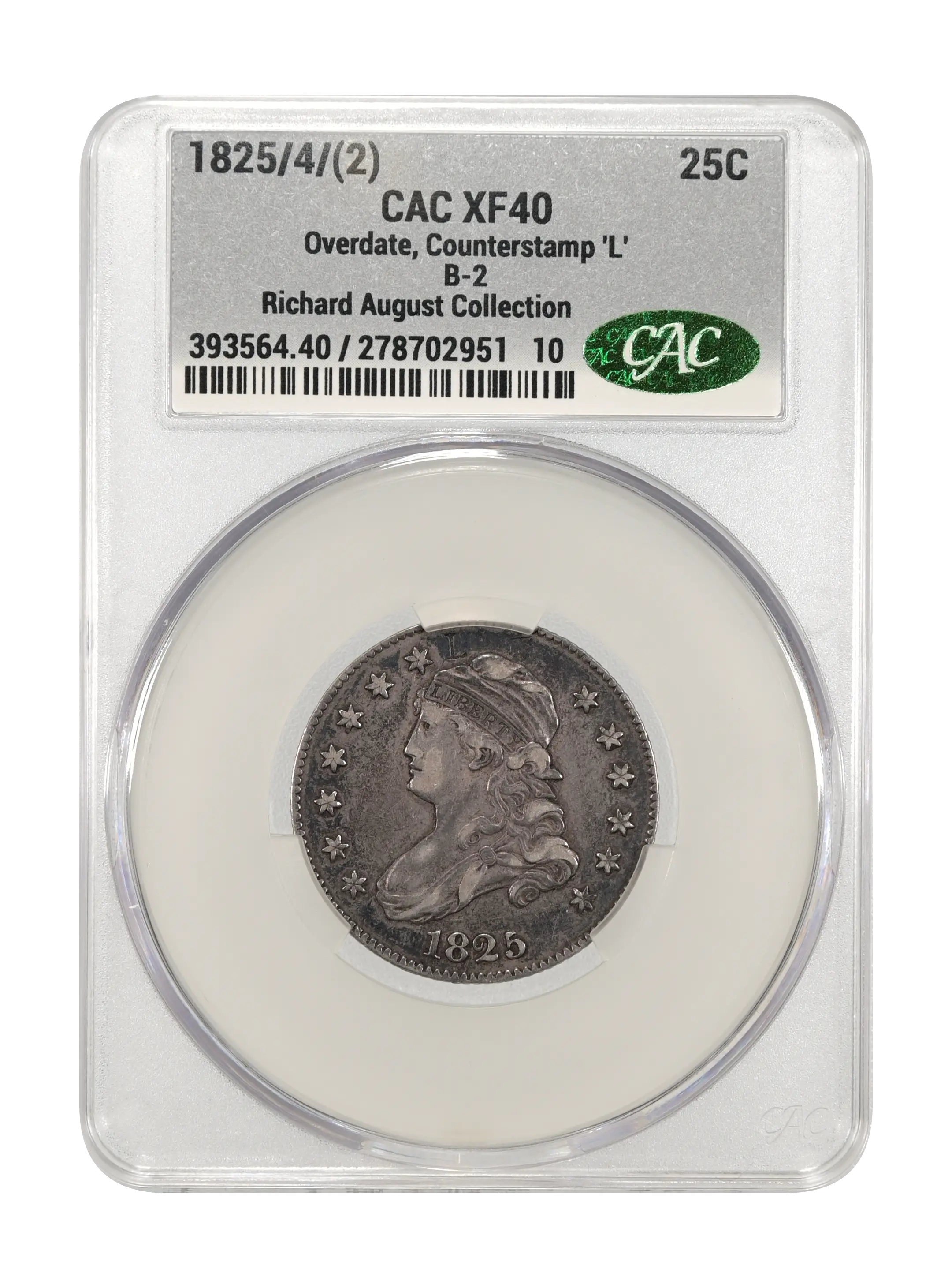 1825/4/(2) 25c Overdate, Counterstamp 'L', B-2 MS thumbnail 3