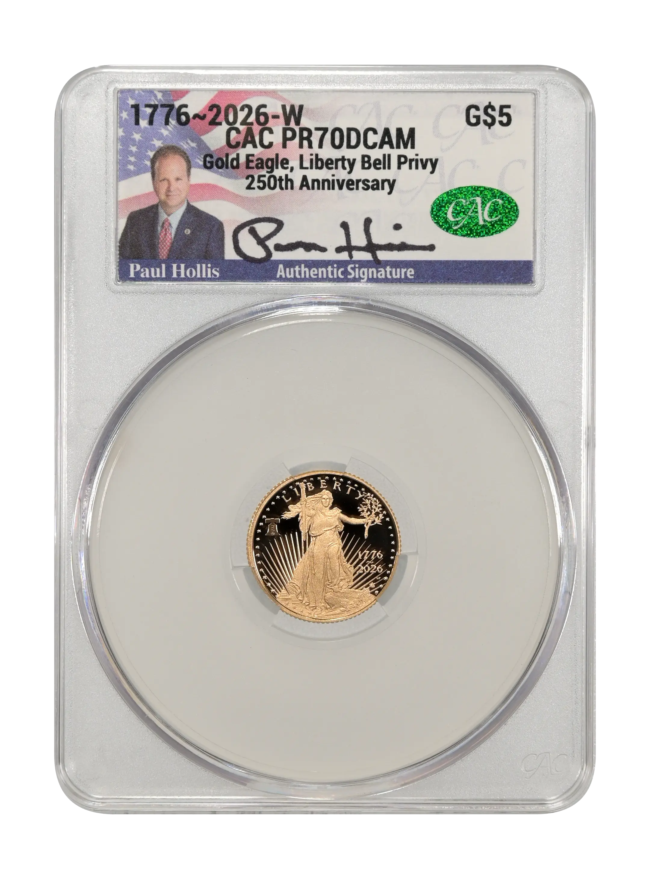 1776~2026-W $5  Gold Eagle, Liberty Bell Privy, 250th Anniversary PR DCAM thumbnail 3