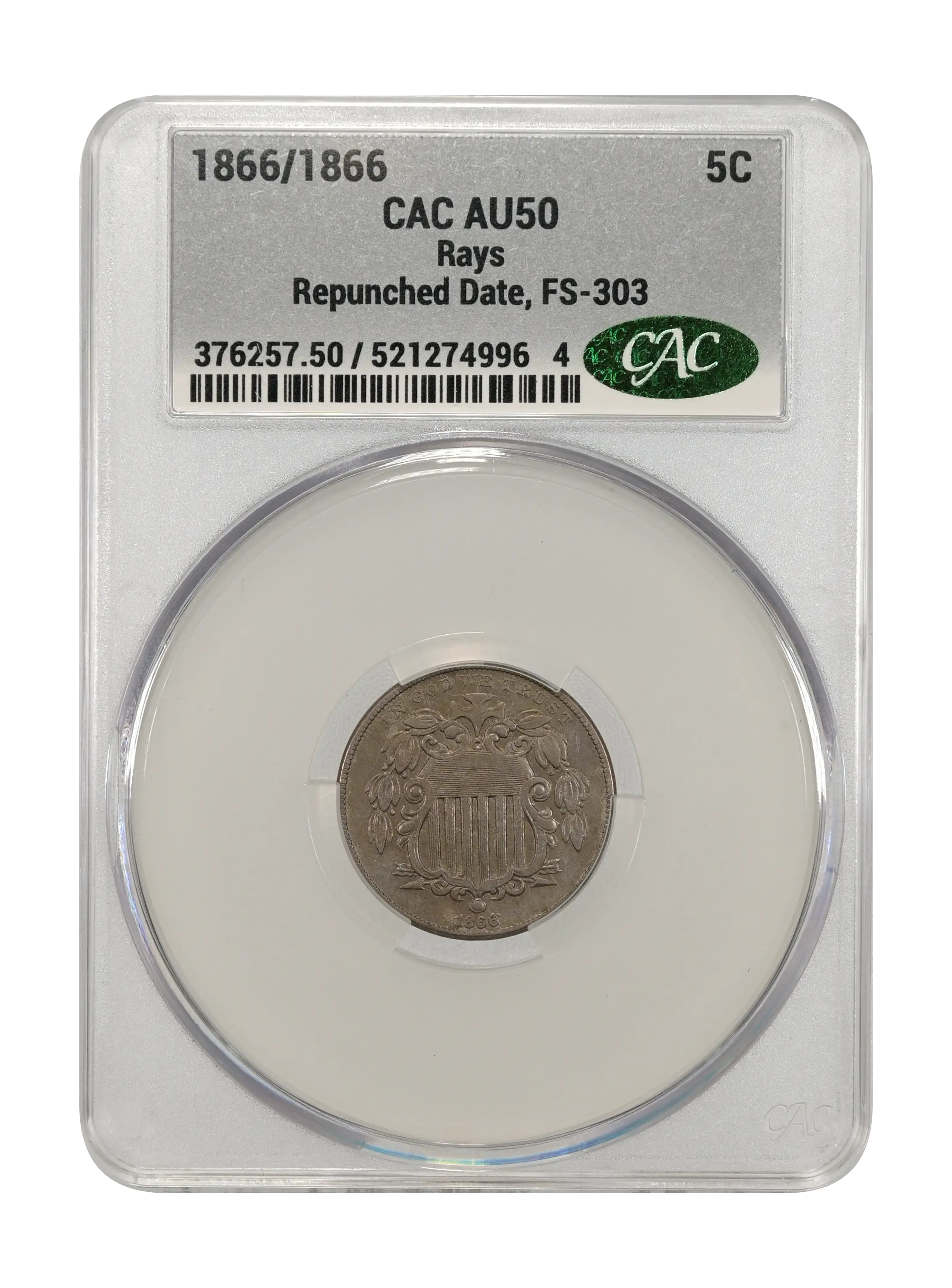 1866/1866 5c Rays, Repunched Date, FS-303 MS thumbnail 3