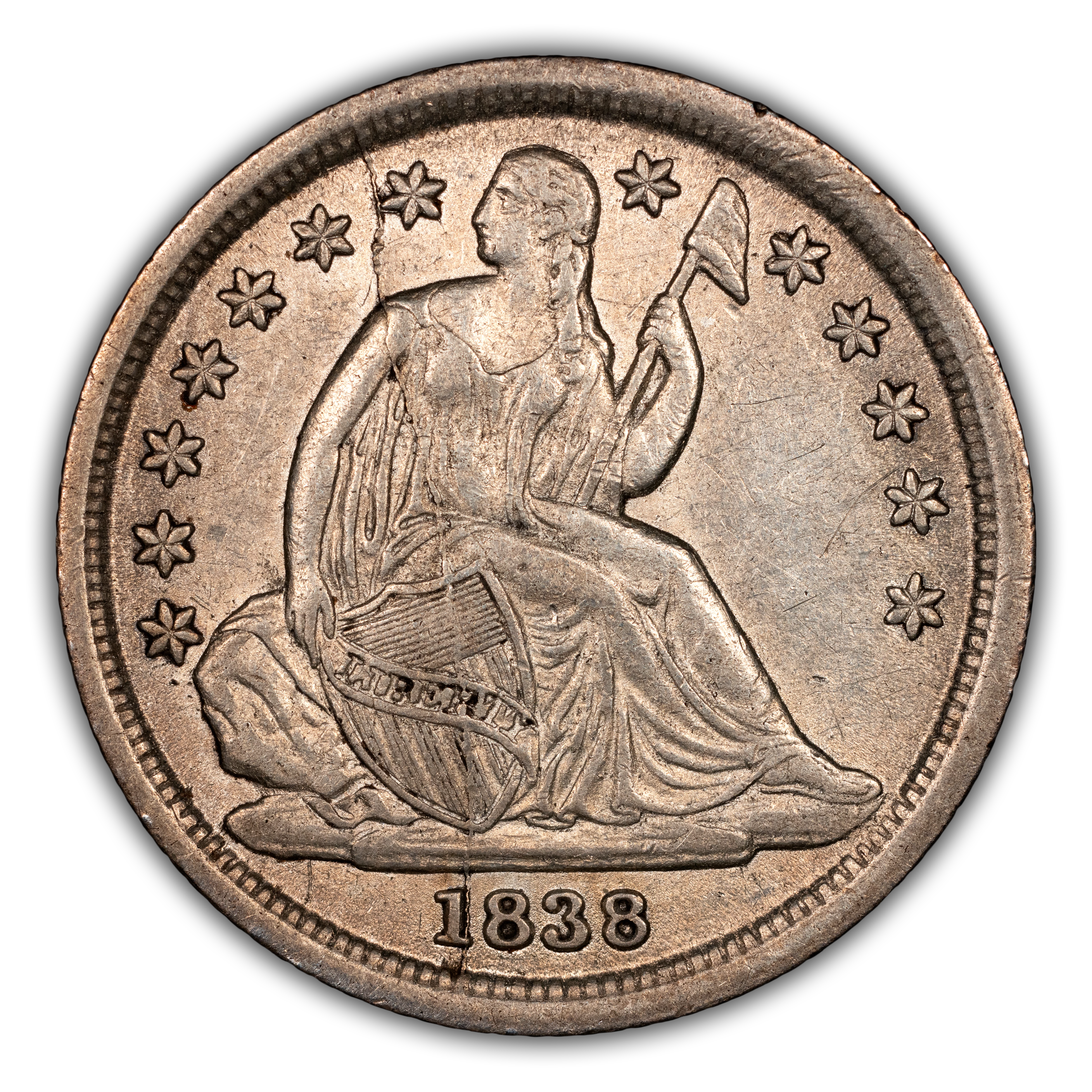 1838 10c No Drapery, Large Stars, Vertically Cracked Reverse, F-103B MS thumbnail 2