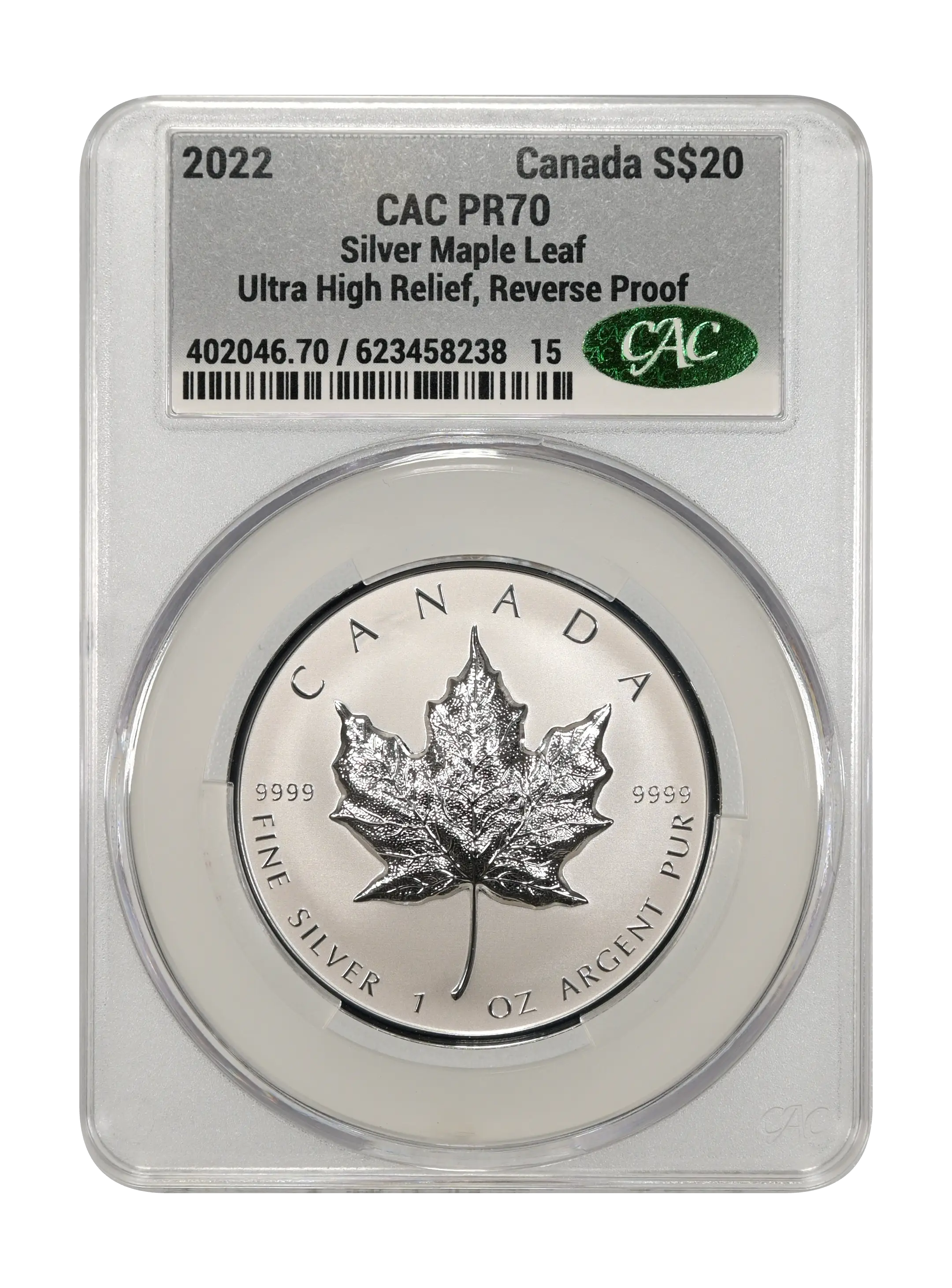 2022 S$20 1oz Silver, Maple Leaf, Ultra High Relief, Reverse Proof PR