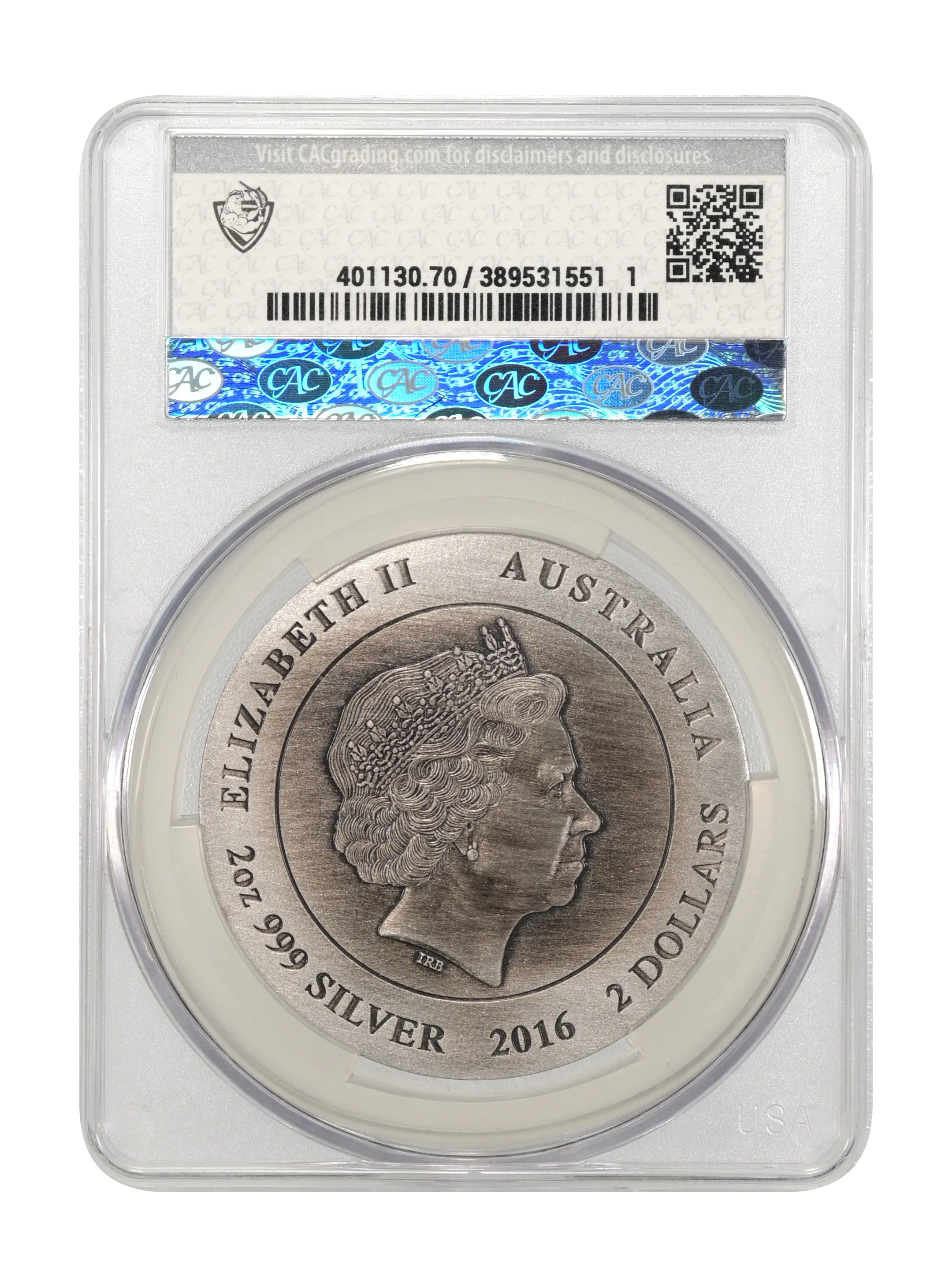 2016-P S$2 2oz Silver, Kangaroo, High Relief, Antiqued Finish MS