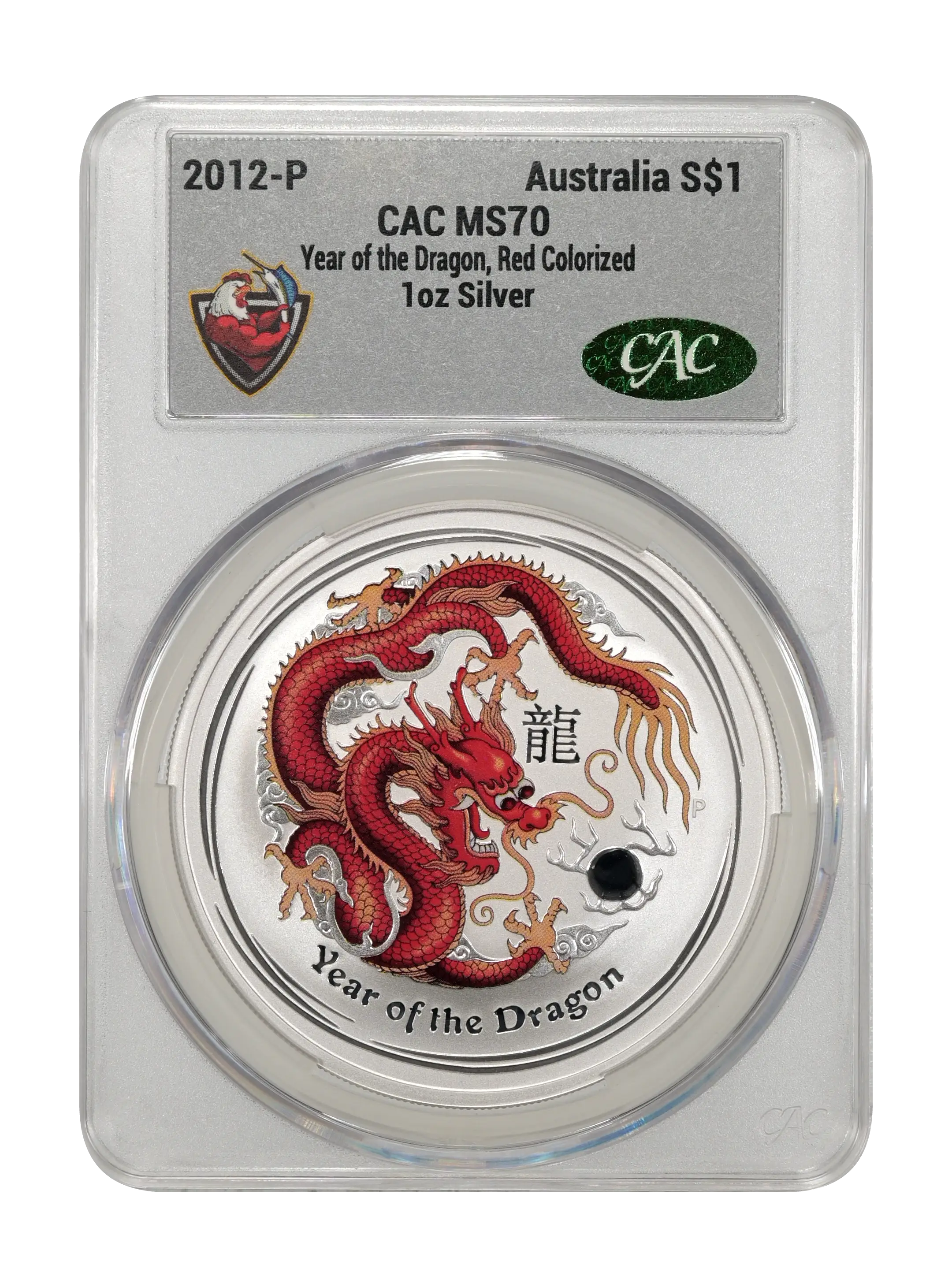 2012-P S$1 1oz Silver, Year of the Dragon, Red Colorized MS