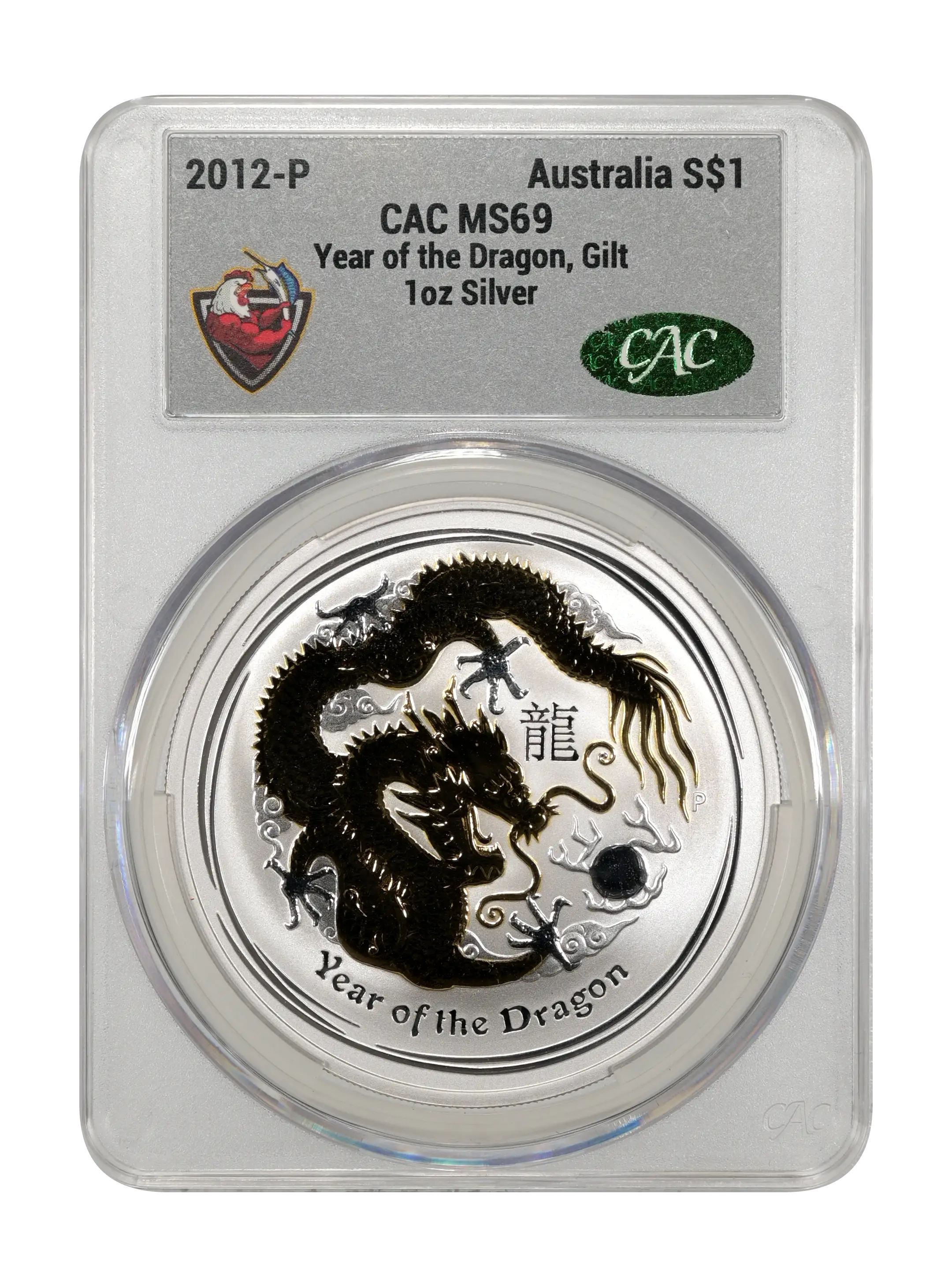 2012-P S$1 1oz Silver, Year of the Dragon, Gilt MS