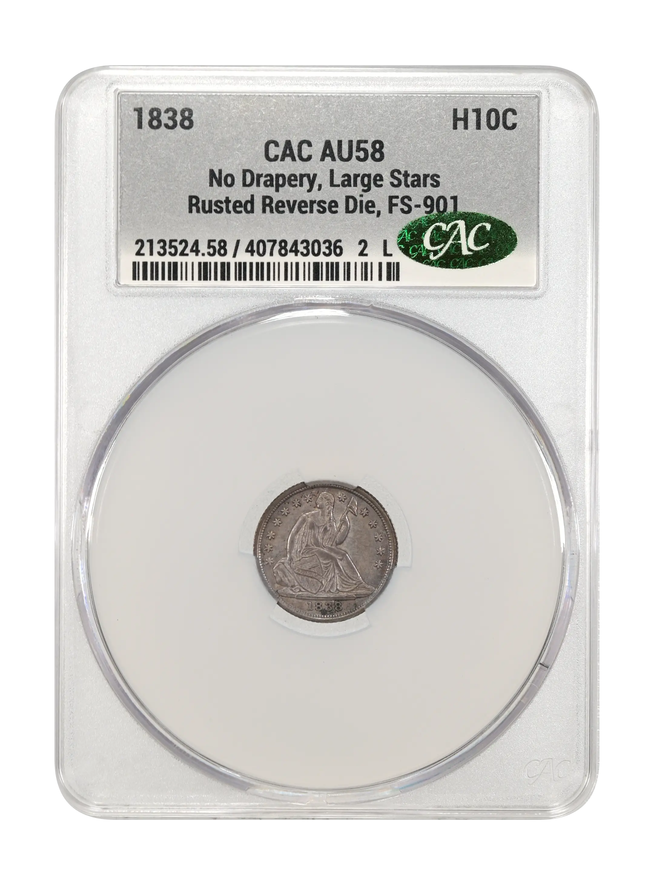 1838 H10c No Drap, Lg Stars, Rusted Reverse Die, FS-901 MS thumbnail 3