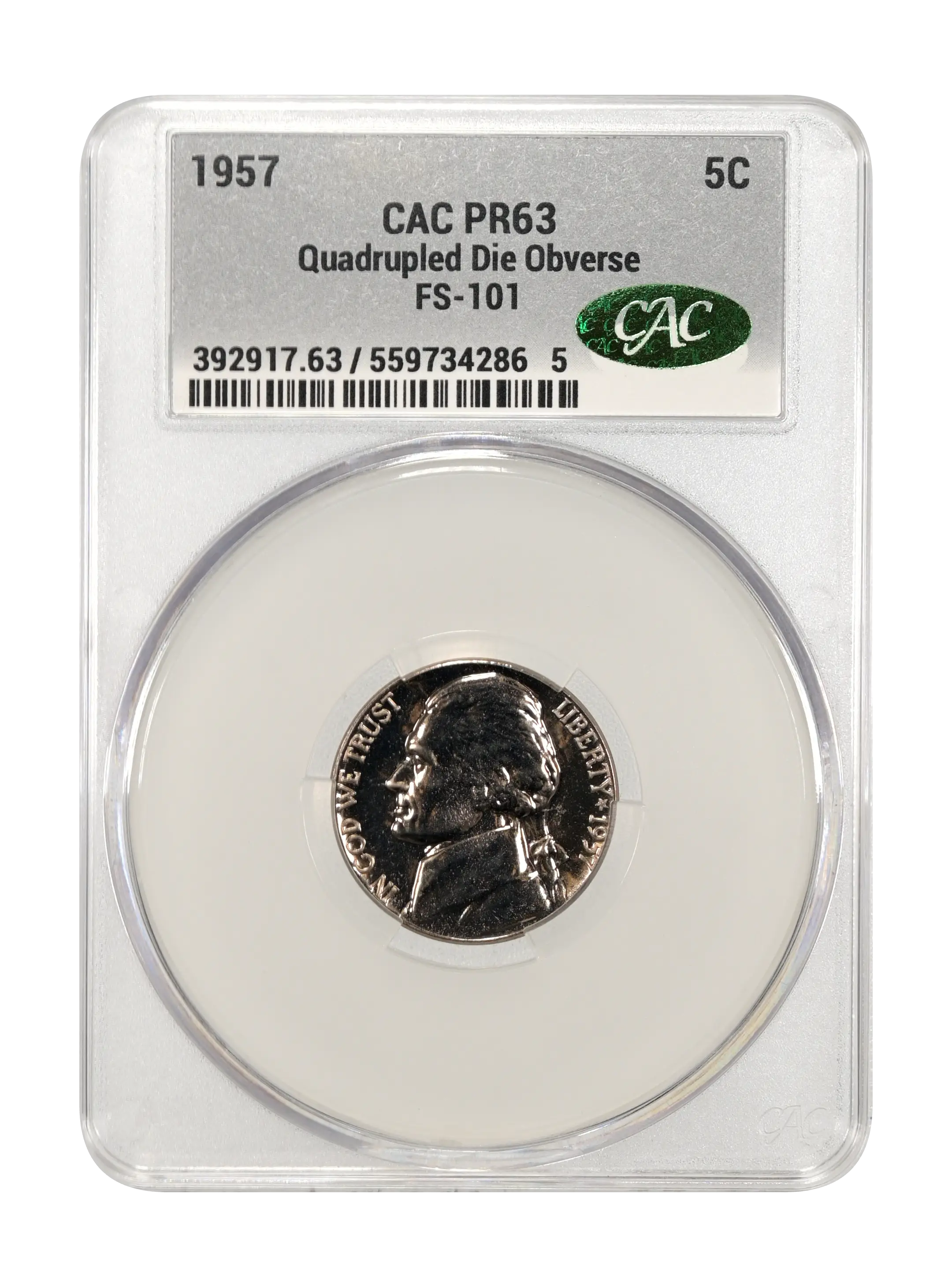 1957 5c Quadrupled Die Obverse, FS-101 PR thumbnail 3