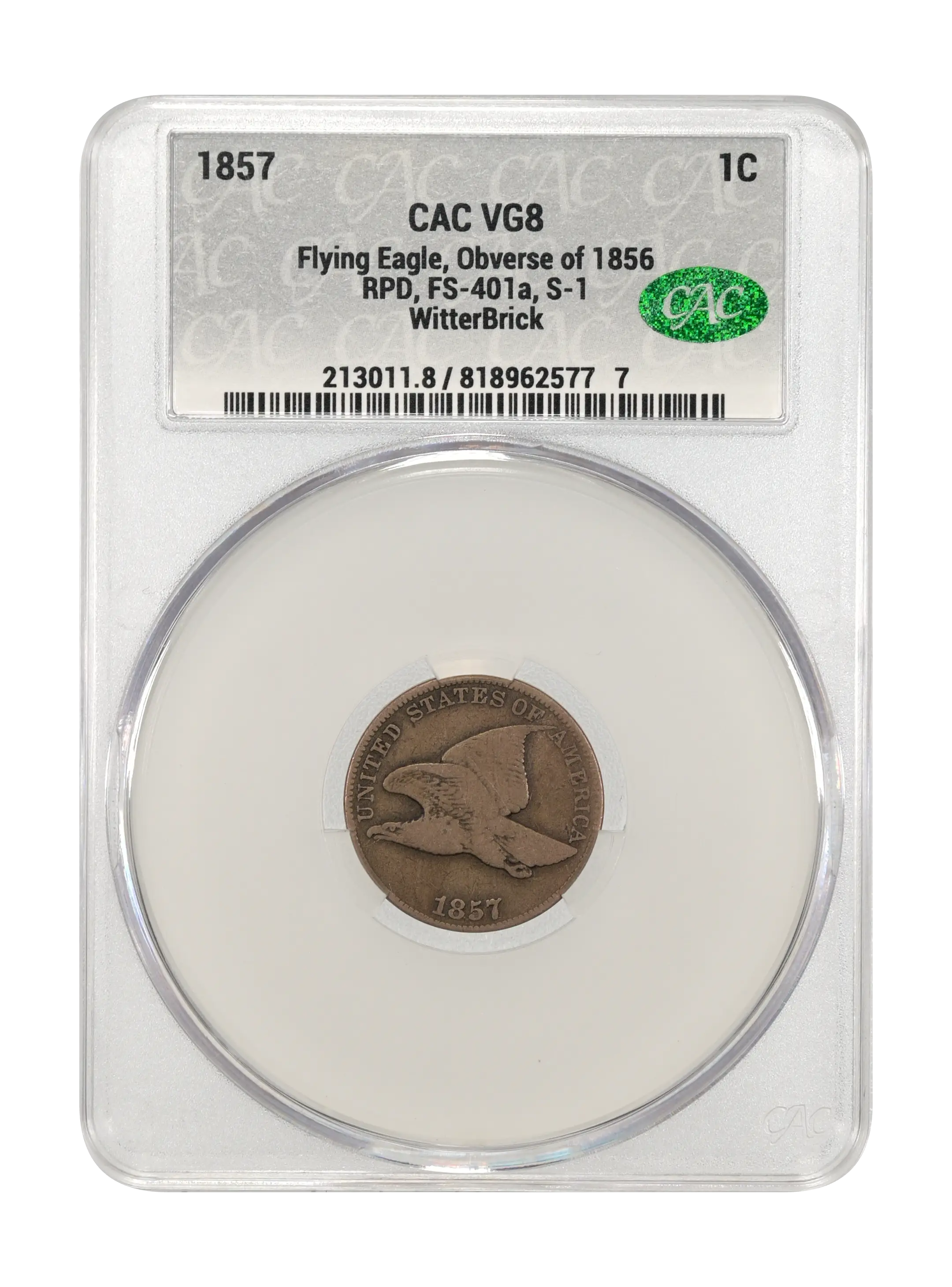 1857 1c Flying Eagle, Obverse of 1856, RPD, FS-401a, S-1 MS thumbnail 2