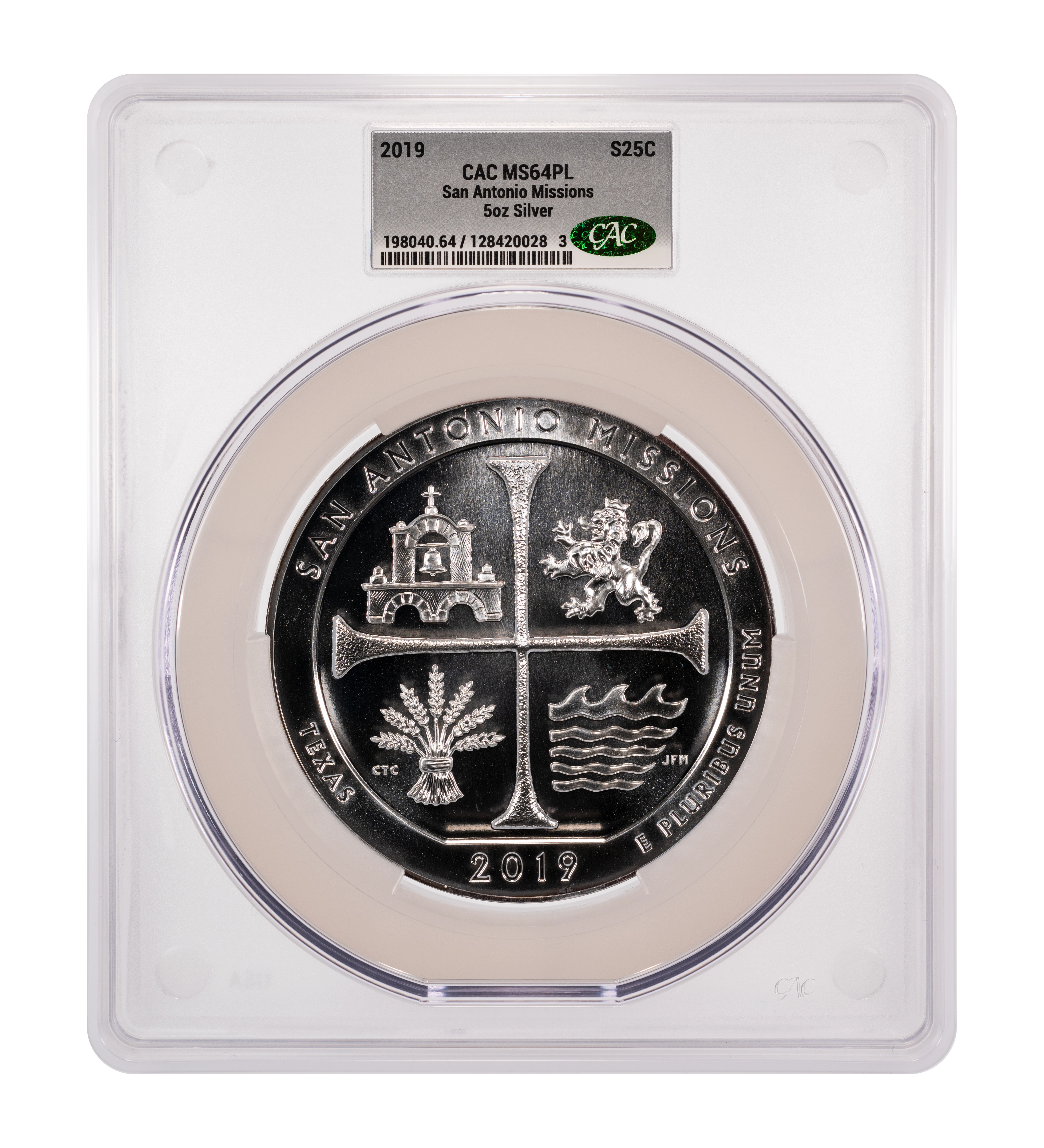 2019 S25c 5oz Silver, San Antonio Missions MS PL thumbnail 2