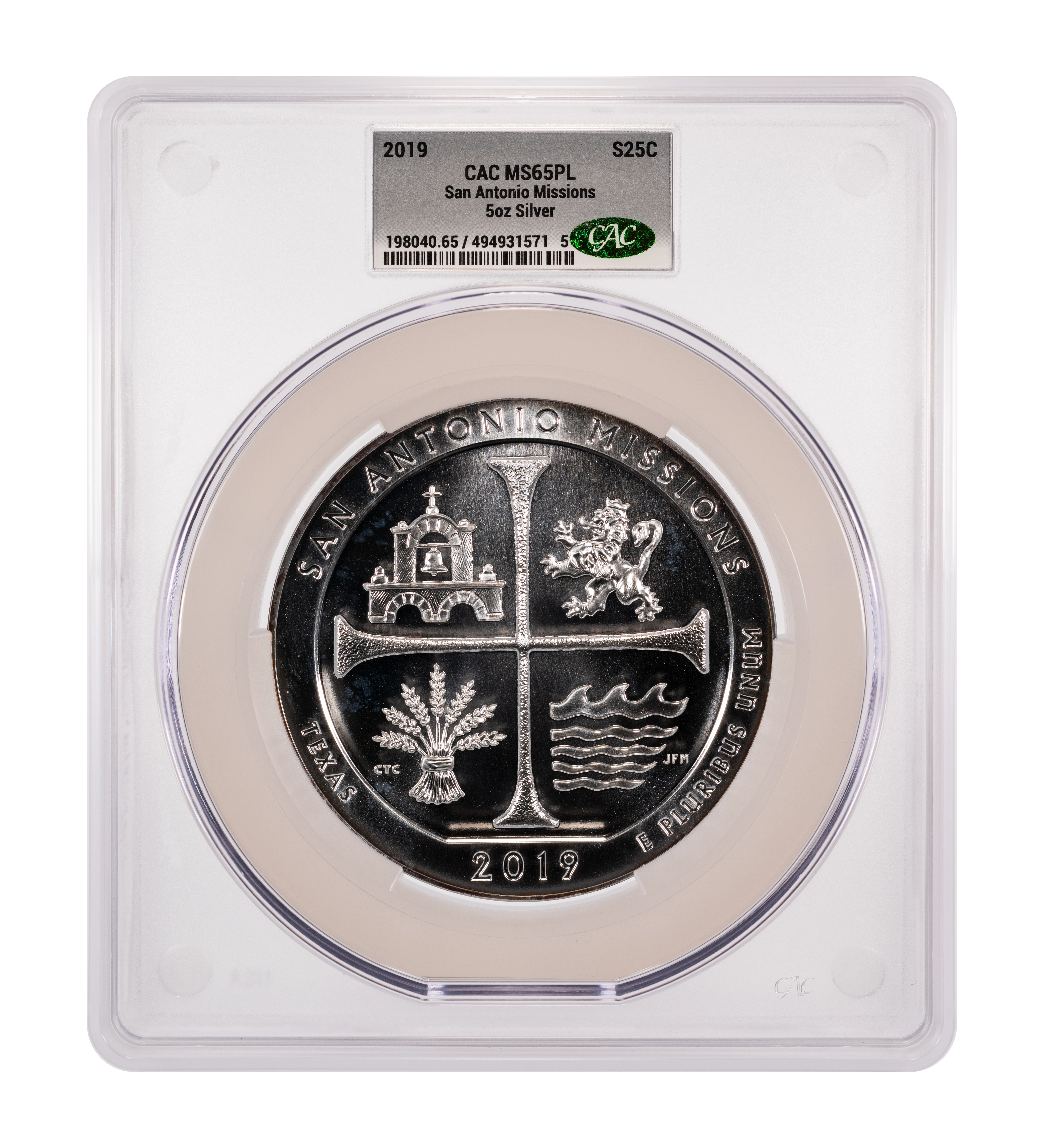 2019 S25c San Antonio Missions, 5oz Silver MS PL