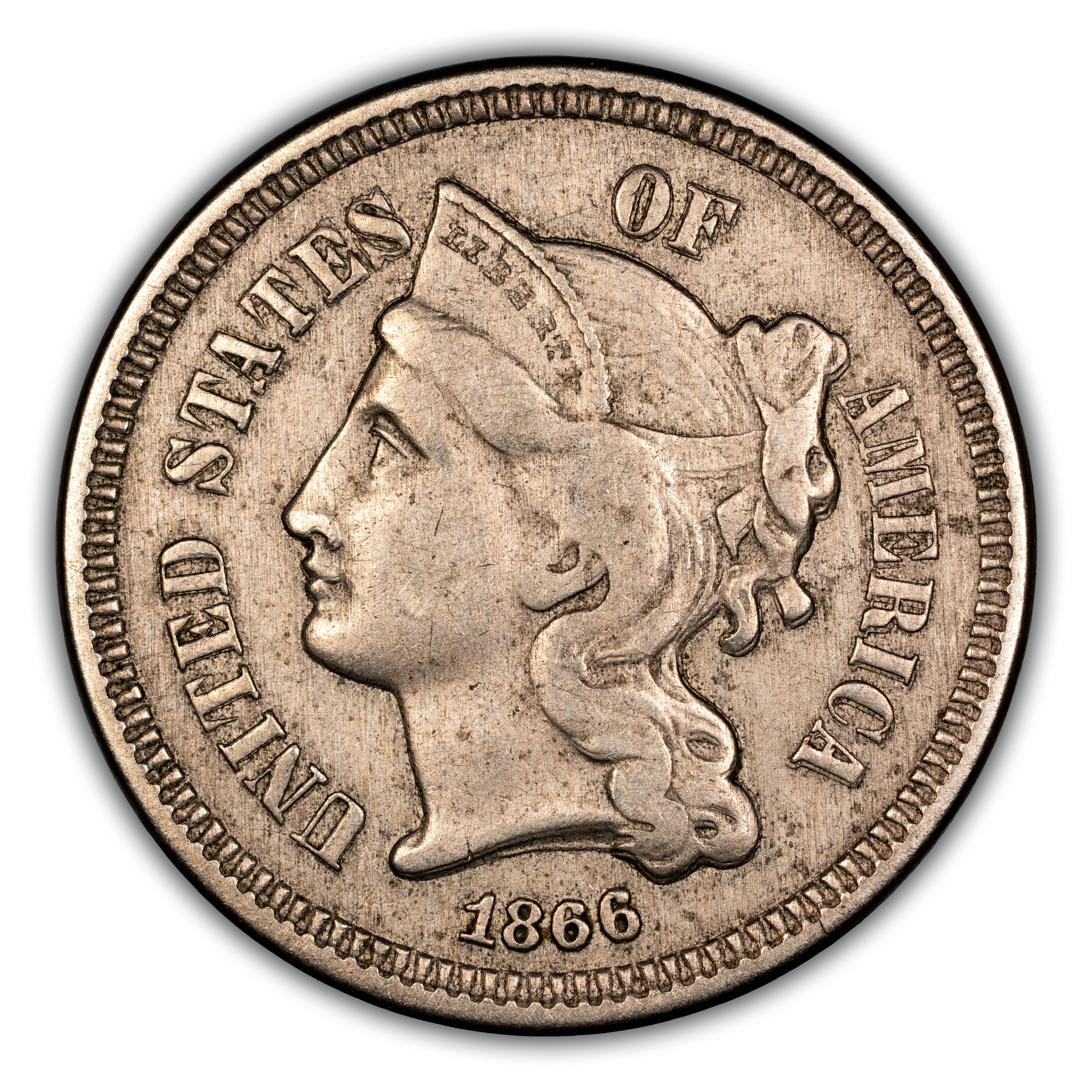 1866 3cN Doubled Die Obverse, FS-101 MS thumbnail 2