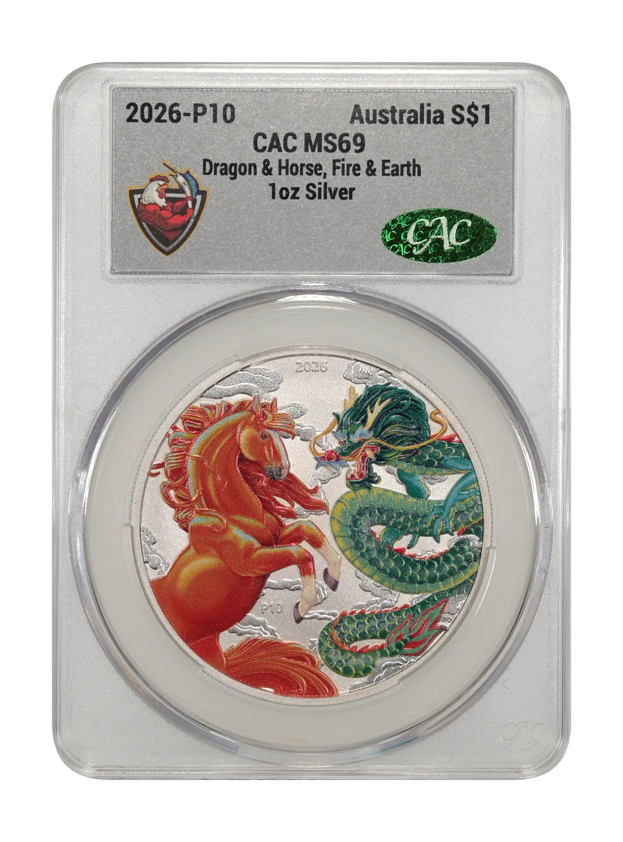 2026-P10 S$1 1oz Silver, Dragon and Horse, Fire and Earth, Colorized MS thumbnail 4