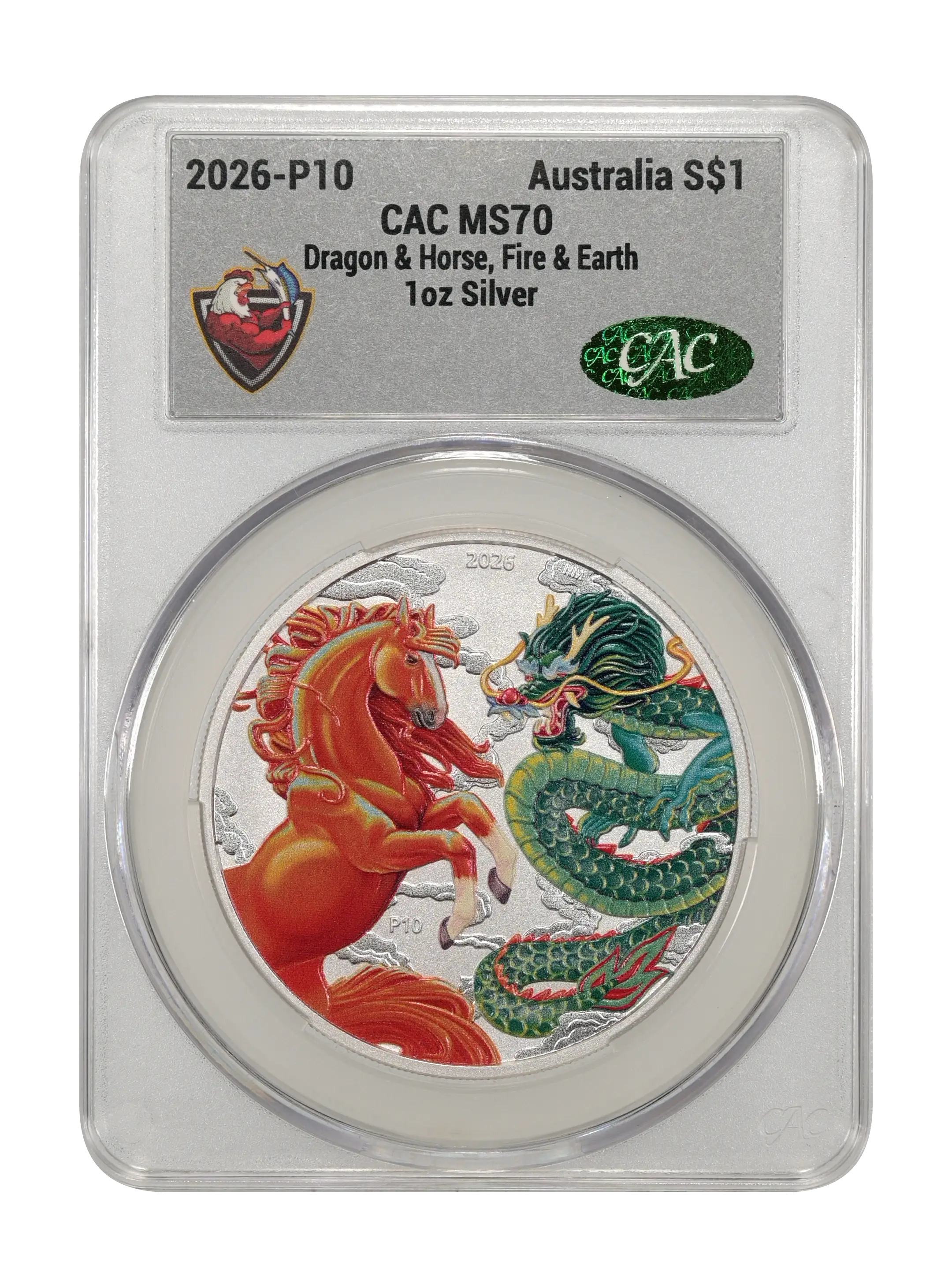 2026-P10 S$1 1oz Silver, Dragon and Horse, Fire and Earth, Colorized MS thumbnail 7