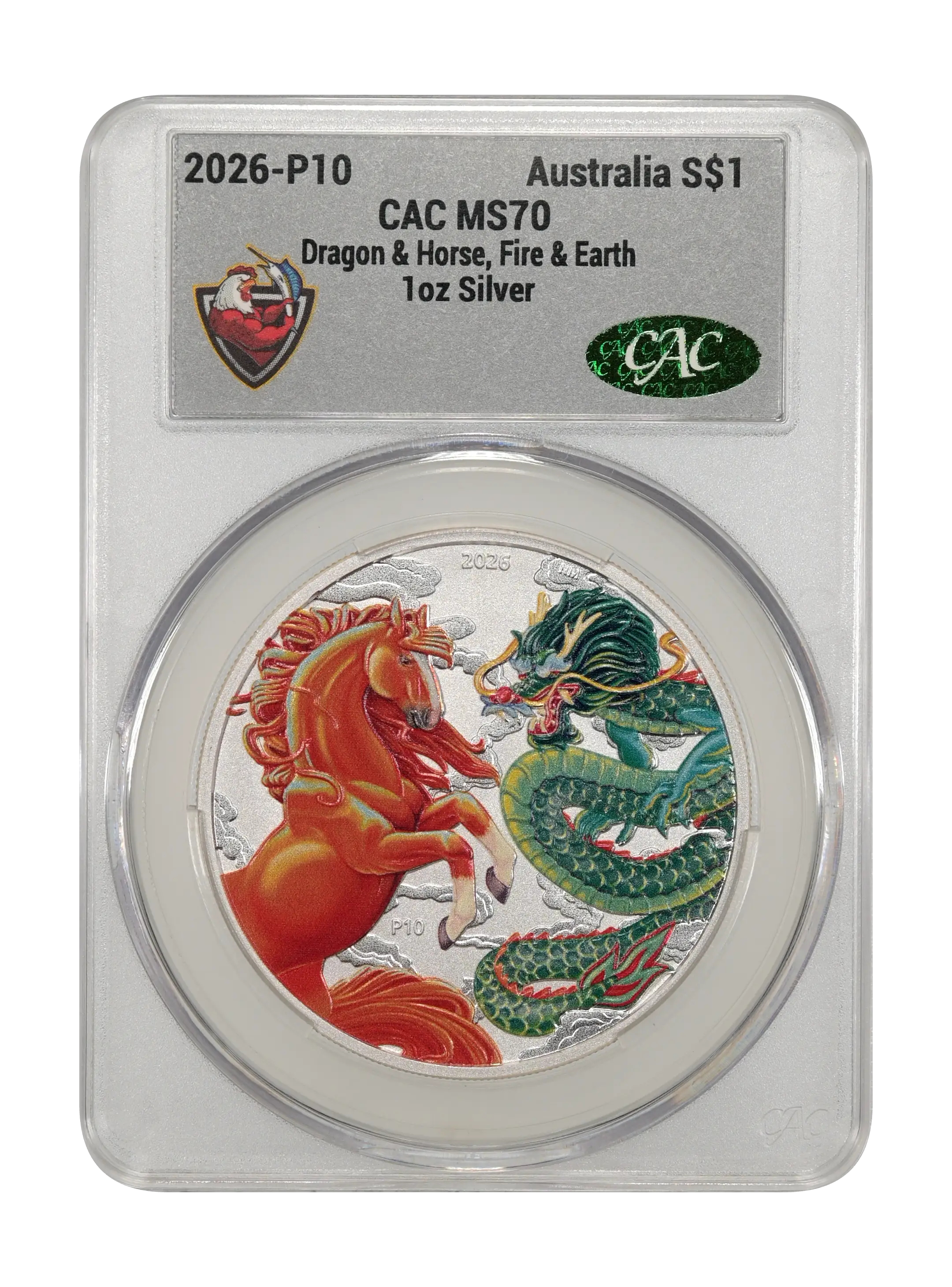 2026-P10 S$1 1oz Silver, Dragon and Horse, Fire and Earth, Colorized MS thumbnail 3
