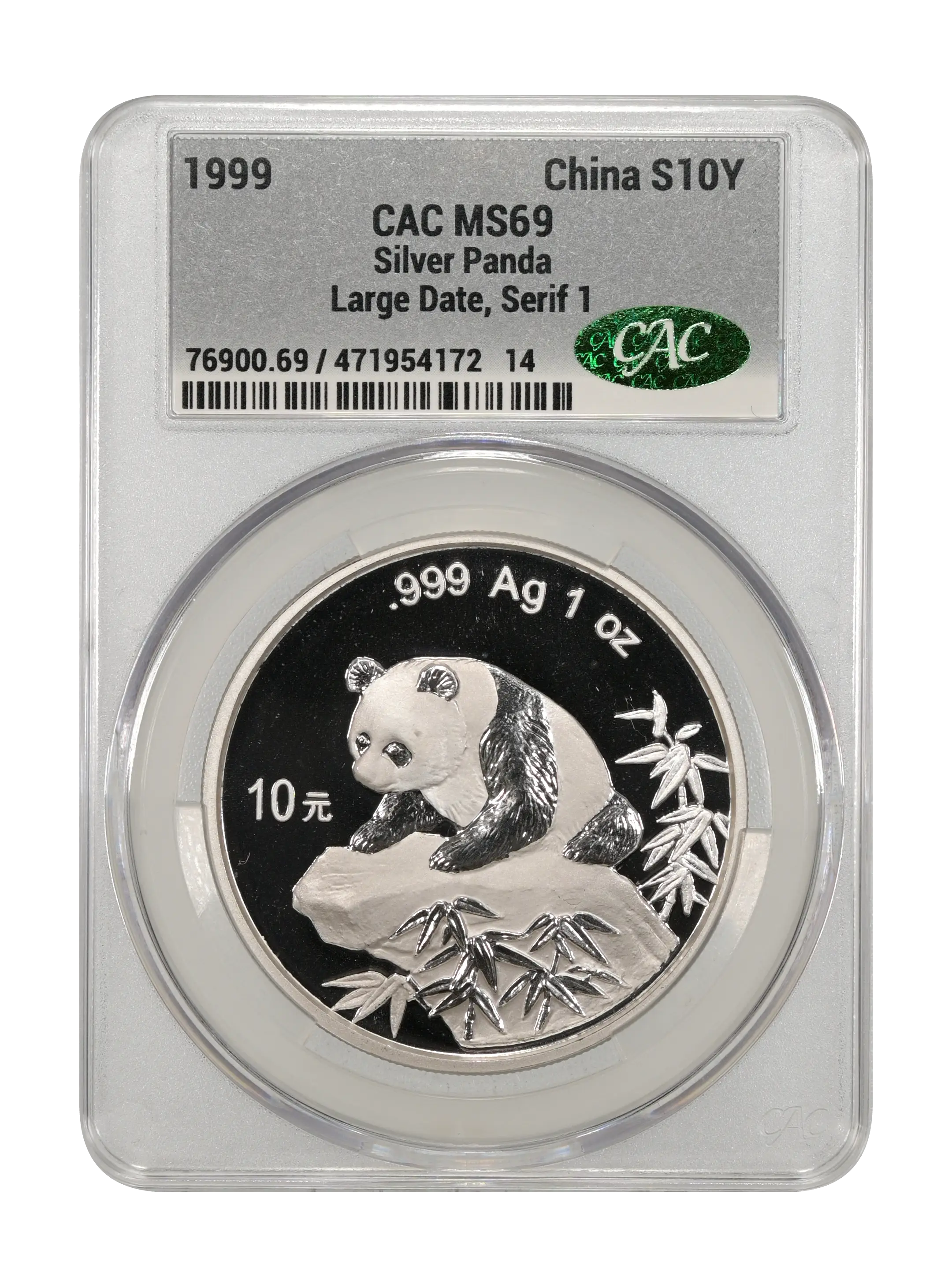 1999 S10Y 1oz Silver, Panda, Large Date Serifs MS