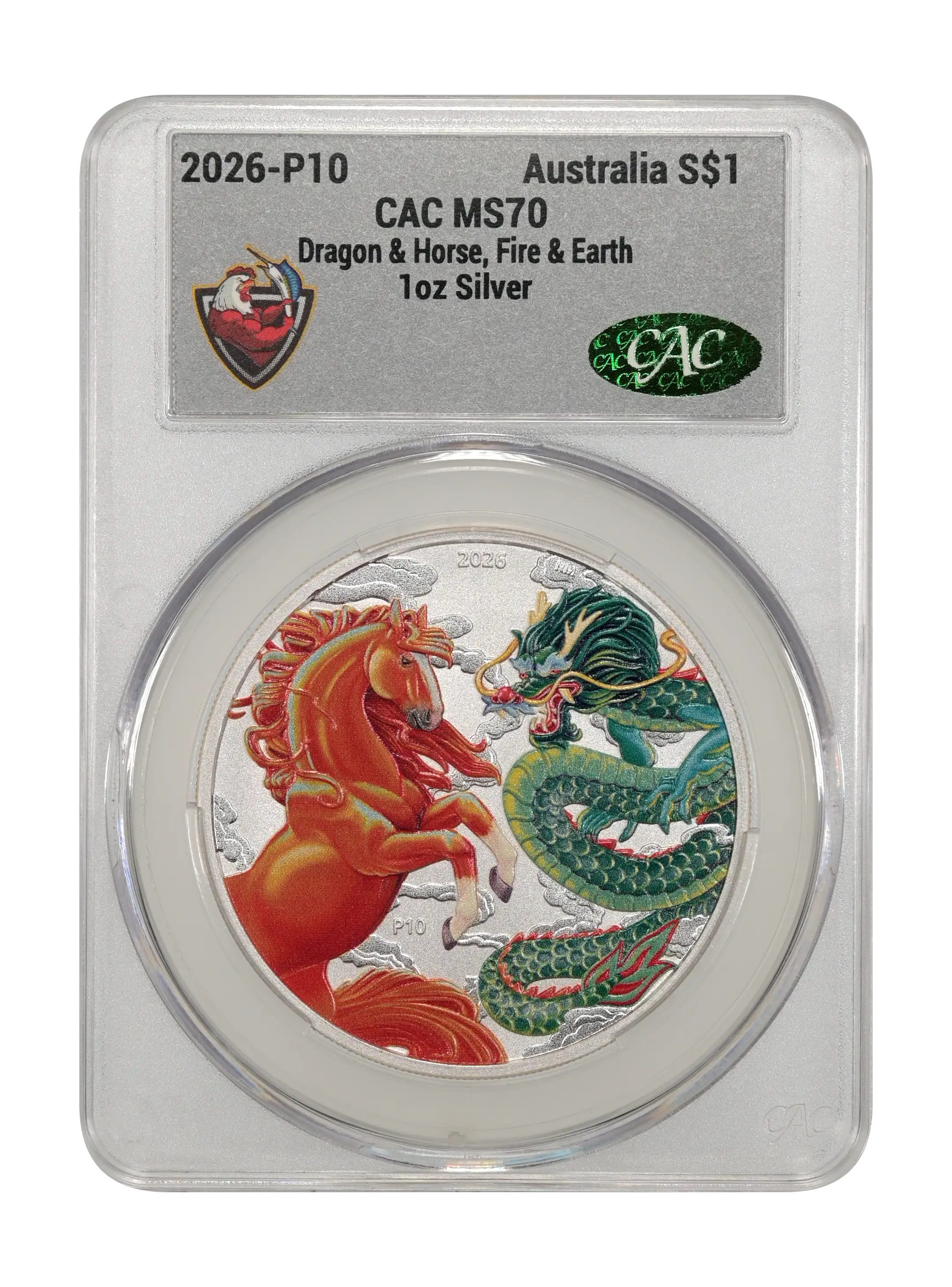 2026-P10 S$1 1oz Silver, Dragon and Horse, Fire and Earth, Colorized MS thumbnail 11