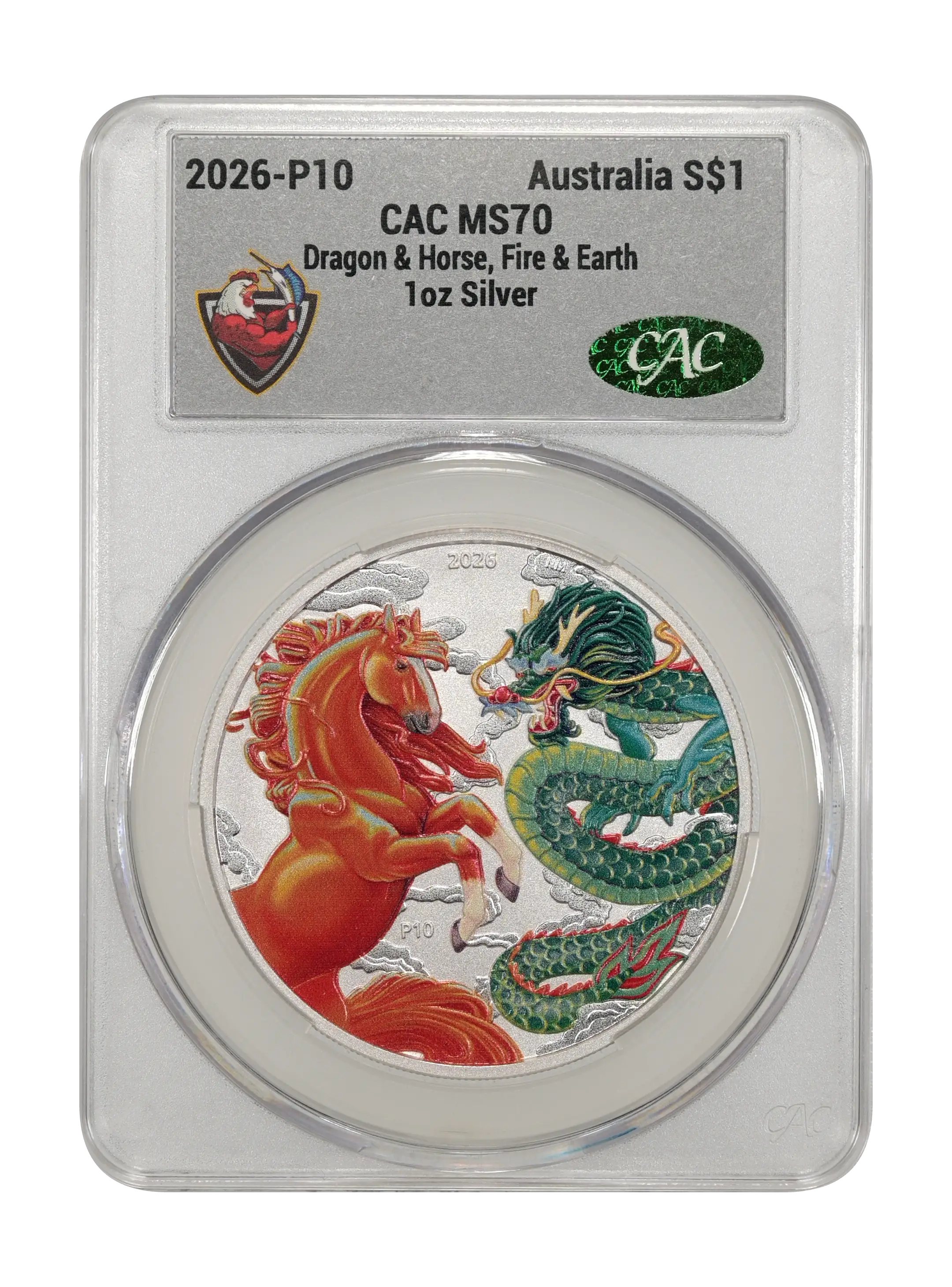 2026-P10 S$1 1oz Silver, Dragon and Horse, Fire and Earth, Colorized MS thumbnail 14