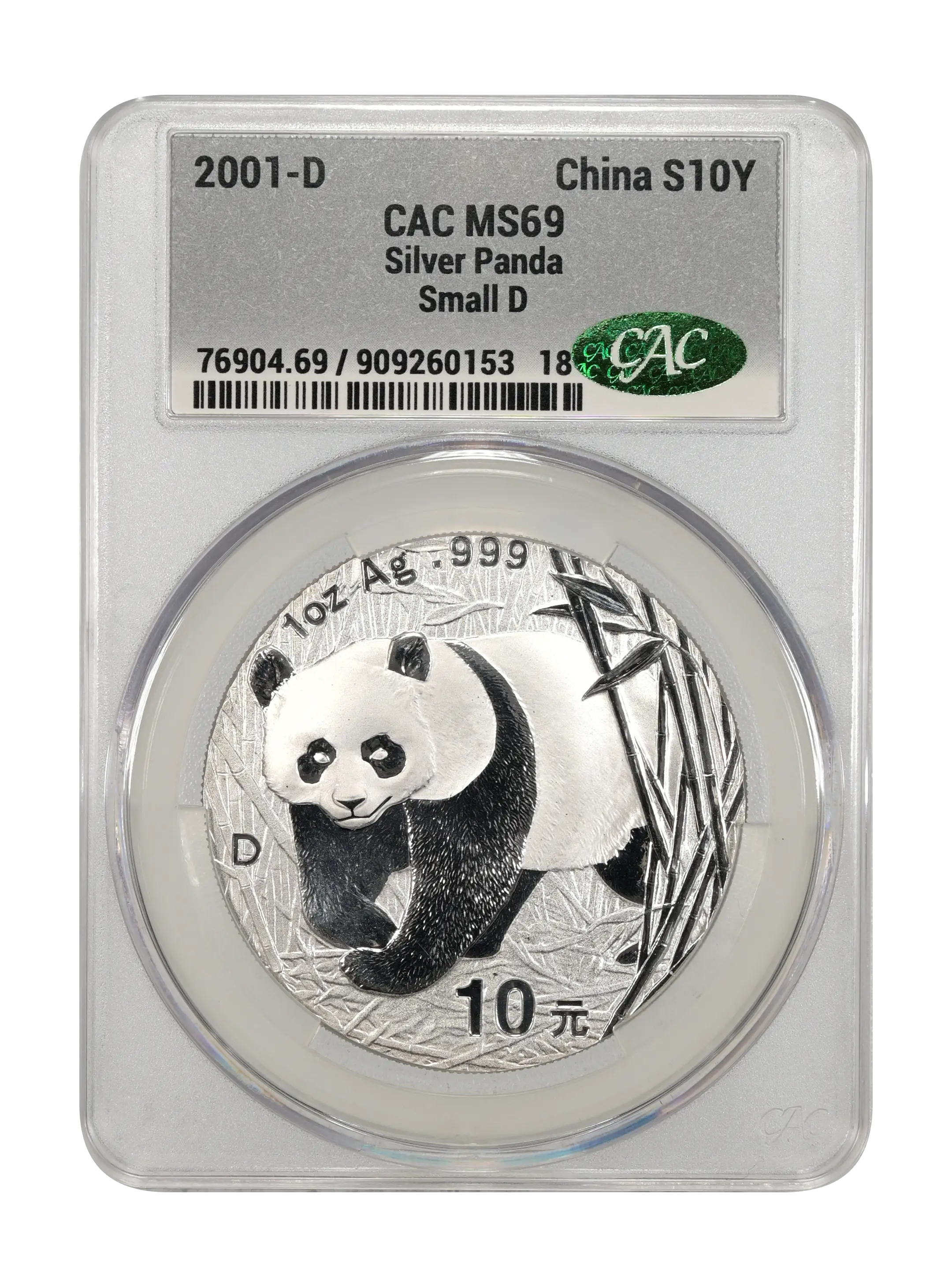 2001-D S10Y 1oz Silver, Panda, Small D MS