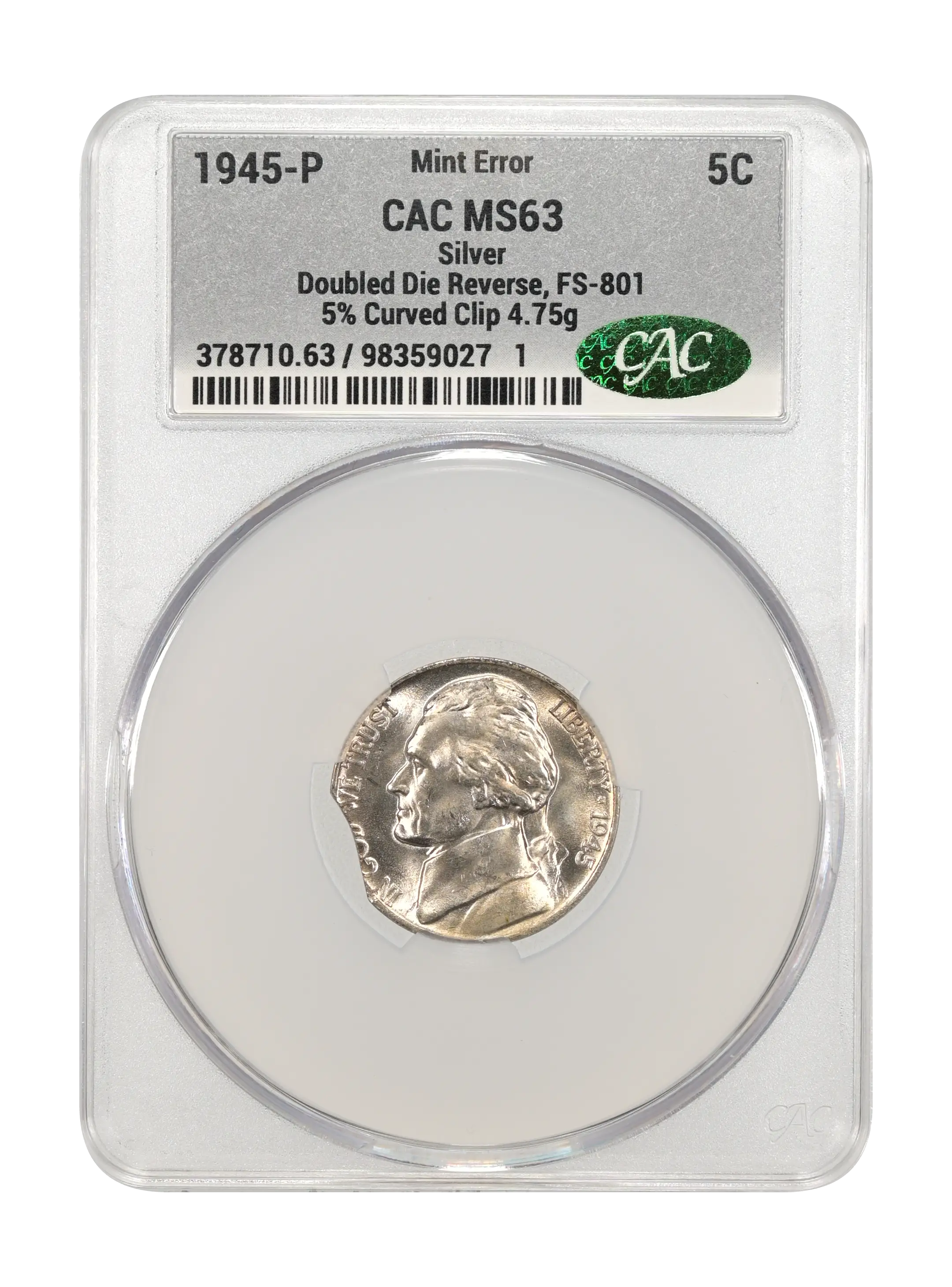 1945-P 5C Silver, Doubled Die Reverse, FS-801 MS thumbnail 6
